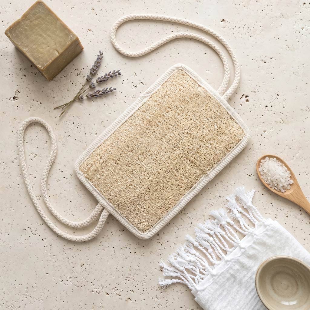 Spa flat lay with Avlia loofah back scrubber, olive oil soap, dried lavender and peshtemal towel, eco bath ritual