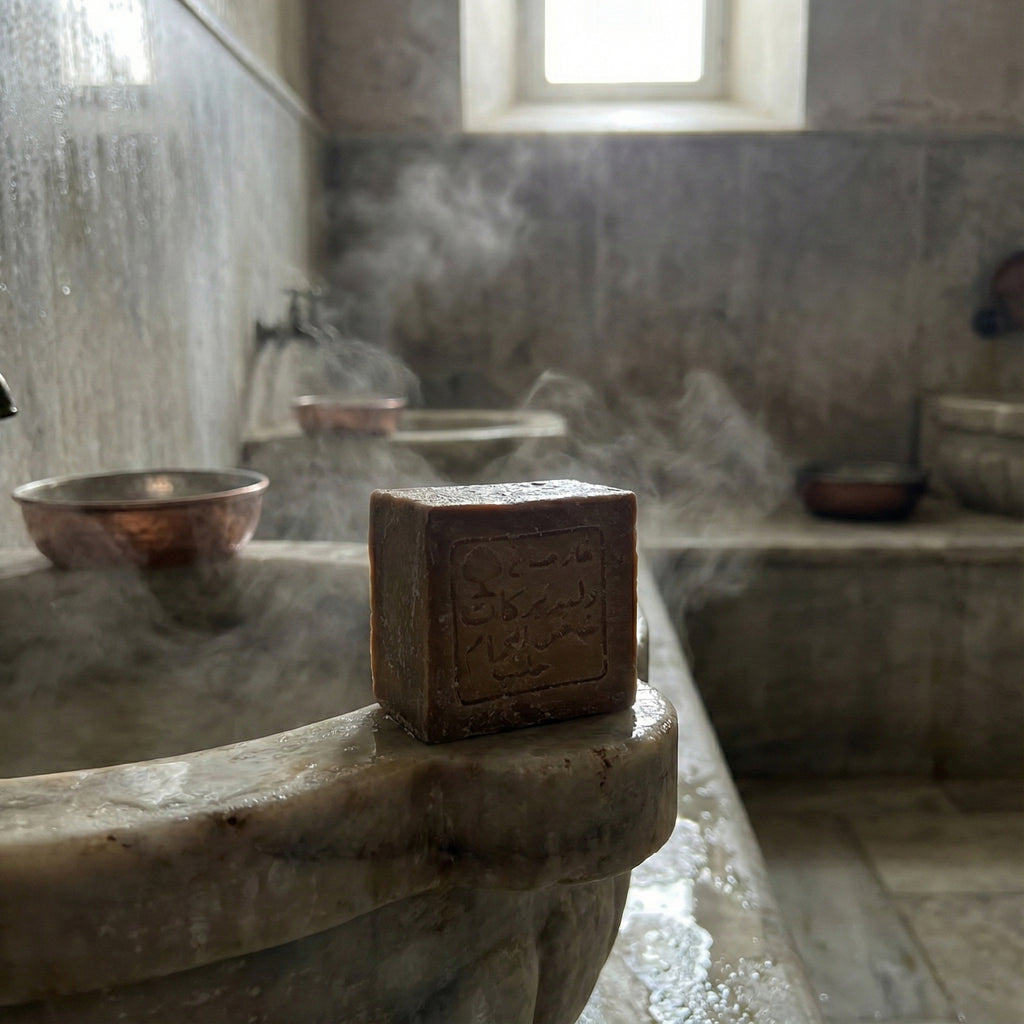 Square Aleppo soap bar with an Arabic stamp resting on the edge of a steamy marble basin in a traditional hammam, with copper bowls and a window in the background