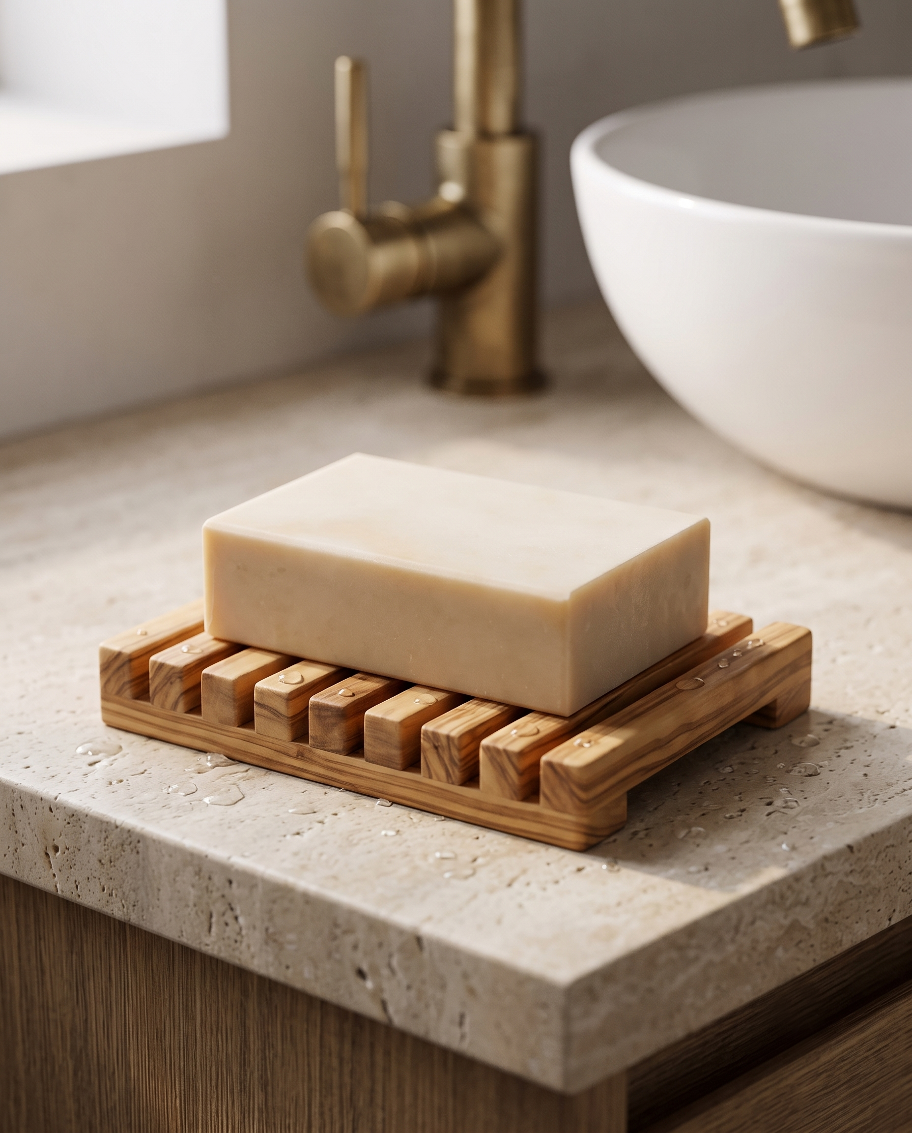 St. John's Wort Soap Bar on an olive wood soap dish beside a bathroom basin, soft morning light