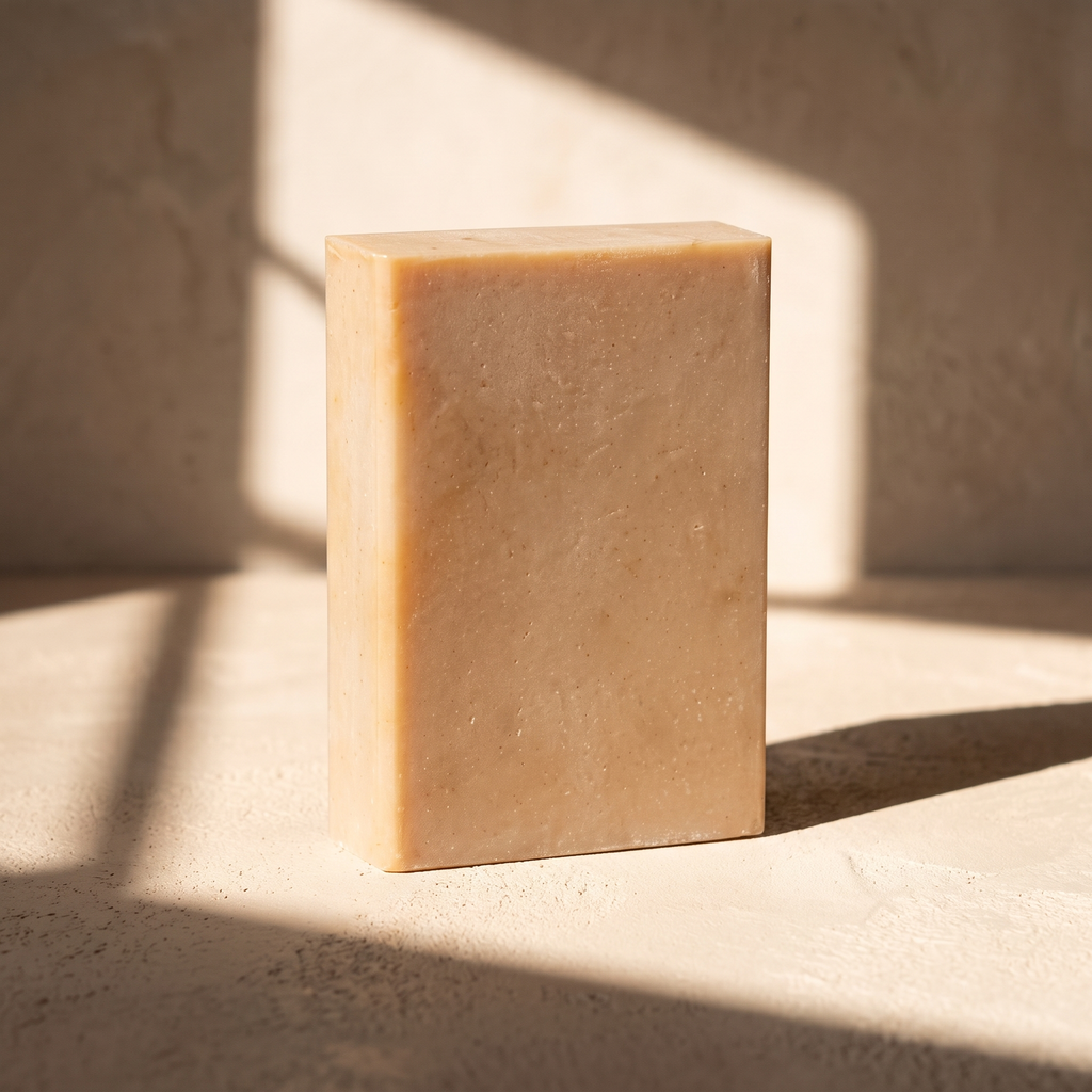 St. John's Wort Soap Bar under graphic hard sunlight with window-frame shadows, echoing the plant's solar infusion process