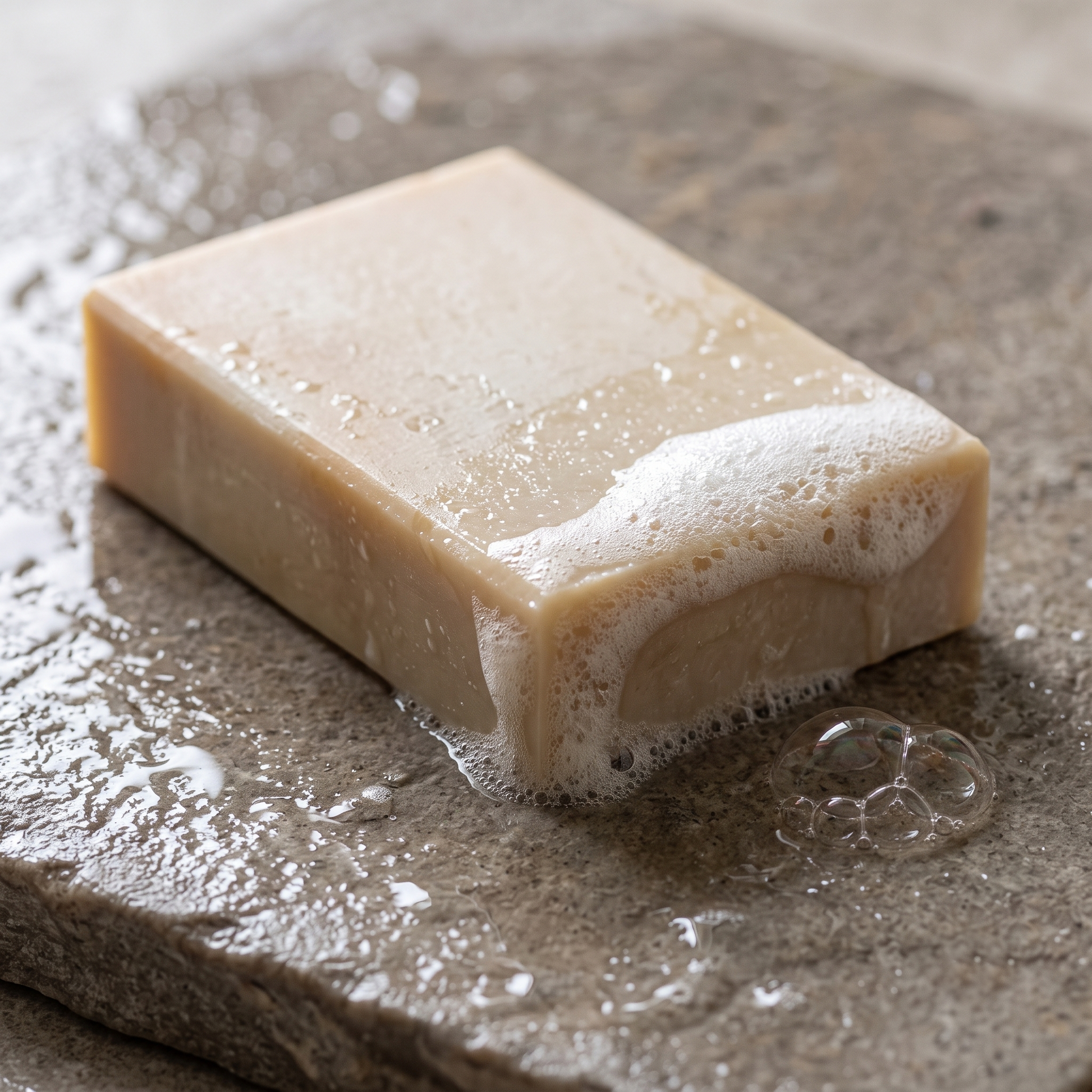 St. John's Wort Soap Bar on wet stone with soft lather forming, showing the amber-rose tone in use