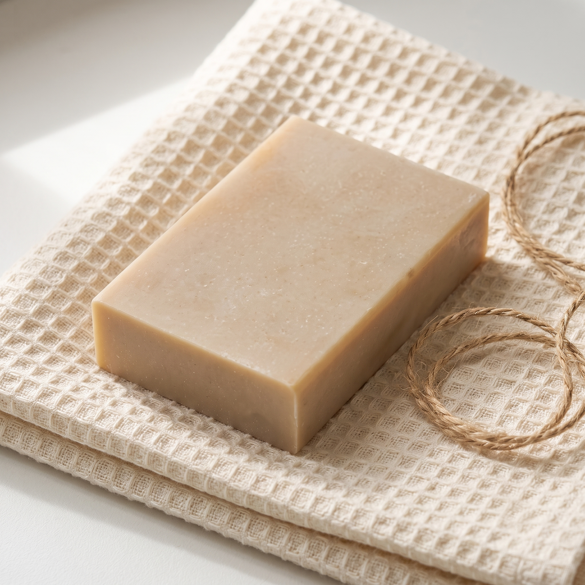 St. John's Wort Soap Bar on a folded cotton towel with loose jute twine, unpackaged apothecary gift styling