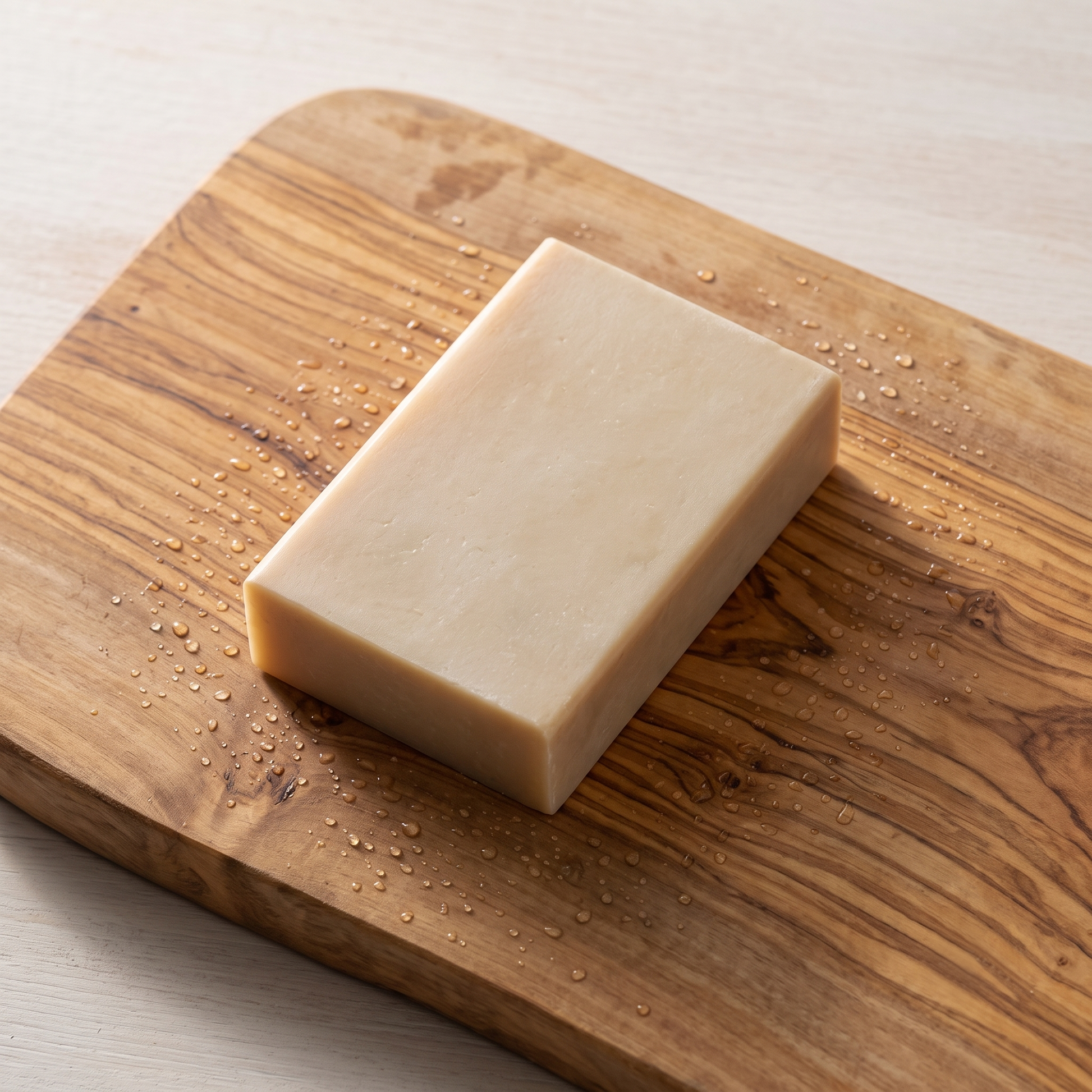 St. John's Wort Soap Bar on a rustic olive wood board with visible grain, artisan workshop feeling