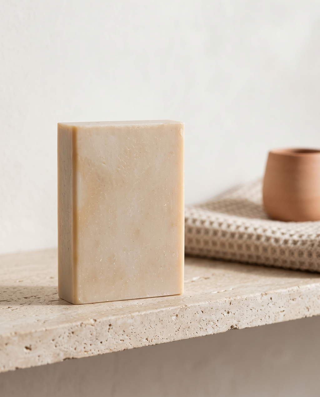 St. John's Wort Soap Bar on a stone bathroom shelf beside a folded waffle towel, airy apothecary calm