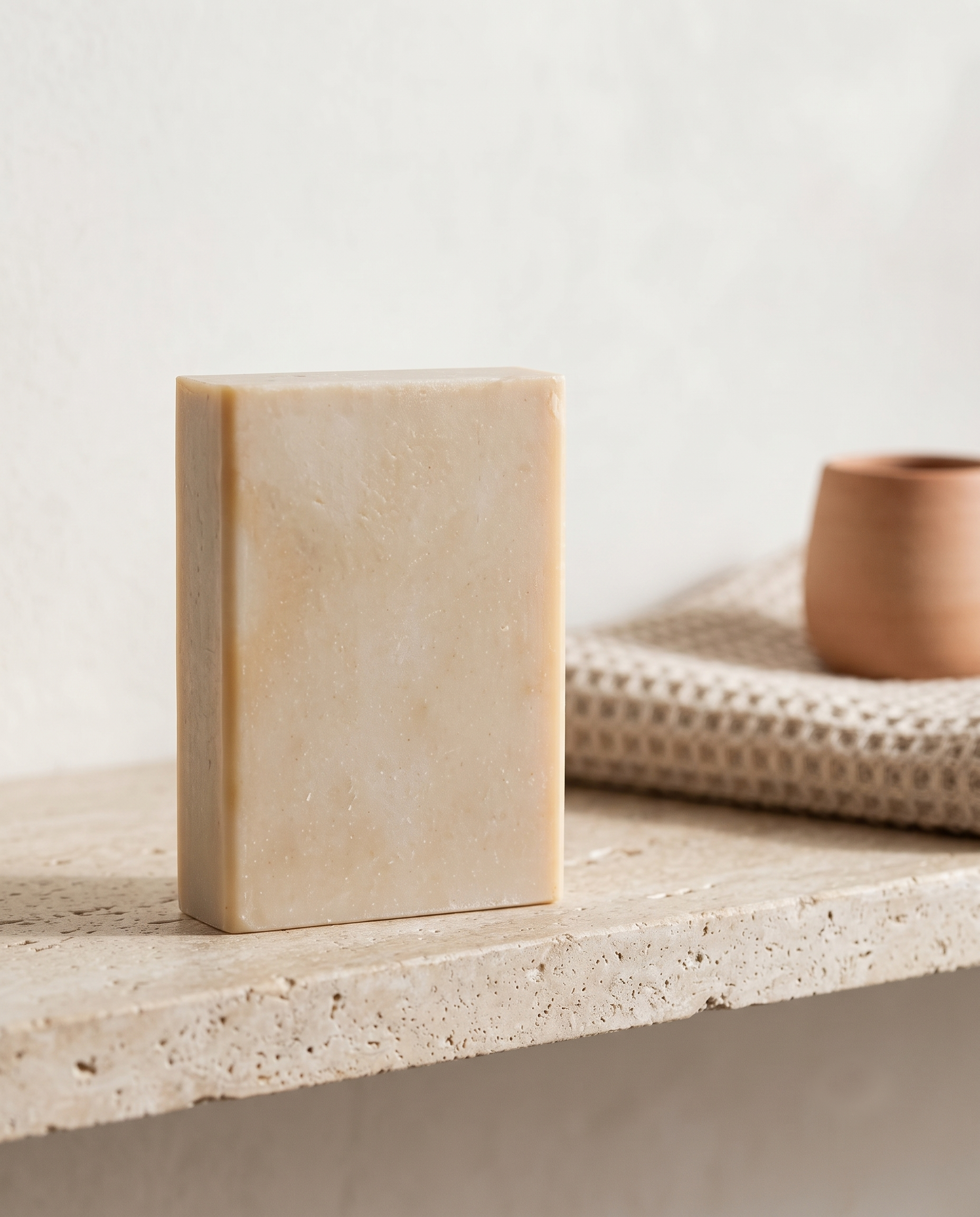 St. John's Wort Soap Bar on a stone bathroom shelf beside a folded waffle towel, airy apothecary calm