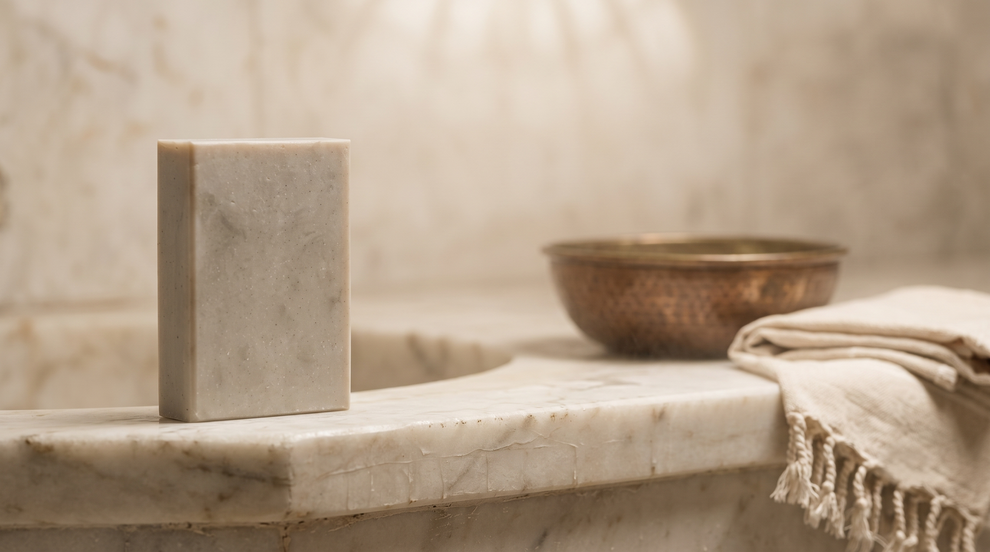 St. John's Wort Soap Bar beside a marble hammam basin and hammered copper bowl, traditional Turkish bath scene