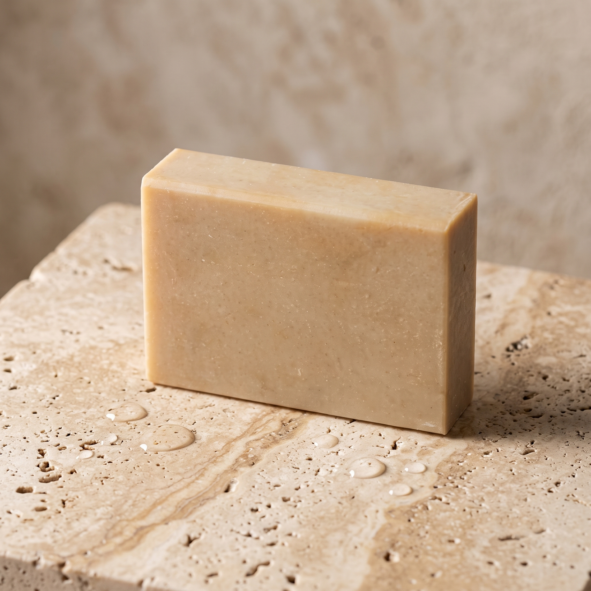 St. John's Wort Soap Bar resting on raw travertine stone, evoking a quiet traditional hammam atmosphere