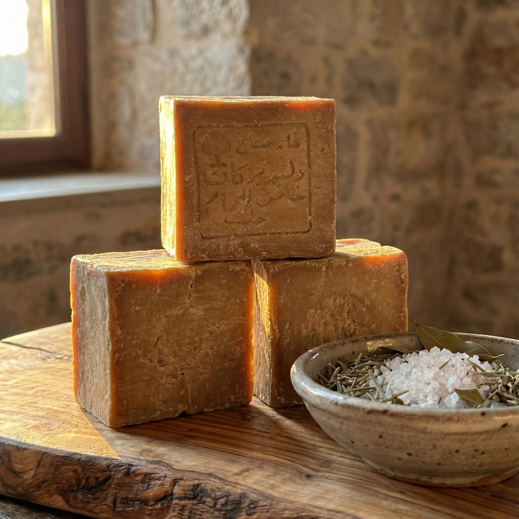 Stack of three Aleppo soap bars with an Arabic stamp on a rustic wooden board, next to a bowl of sea salt and herbs, by a stone wall and window