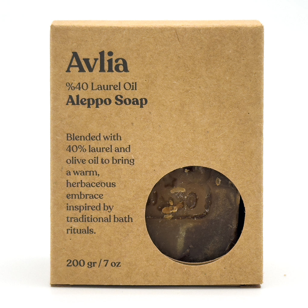 Straight-on front view of the Avlia Aleppo Soap box, showing product details and net weight Portrait