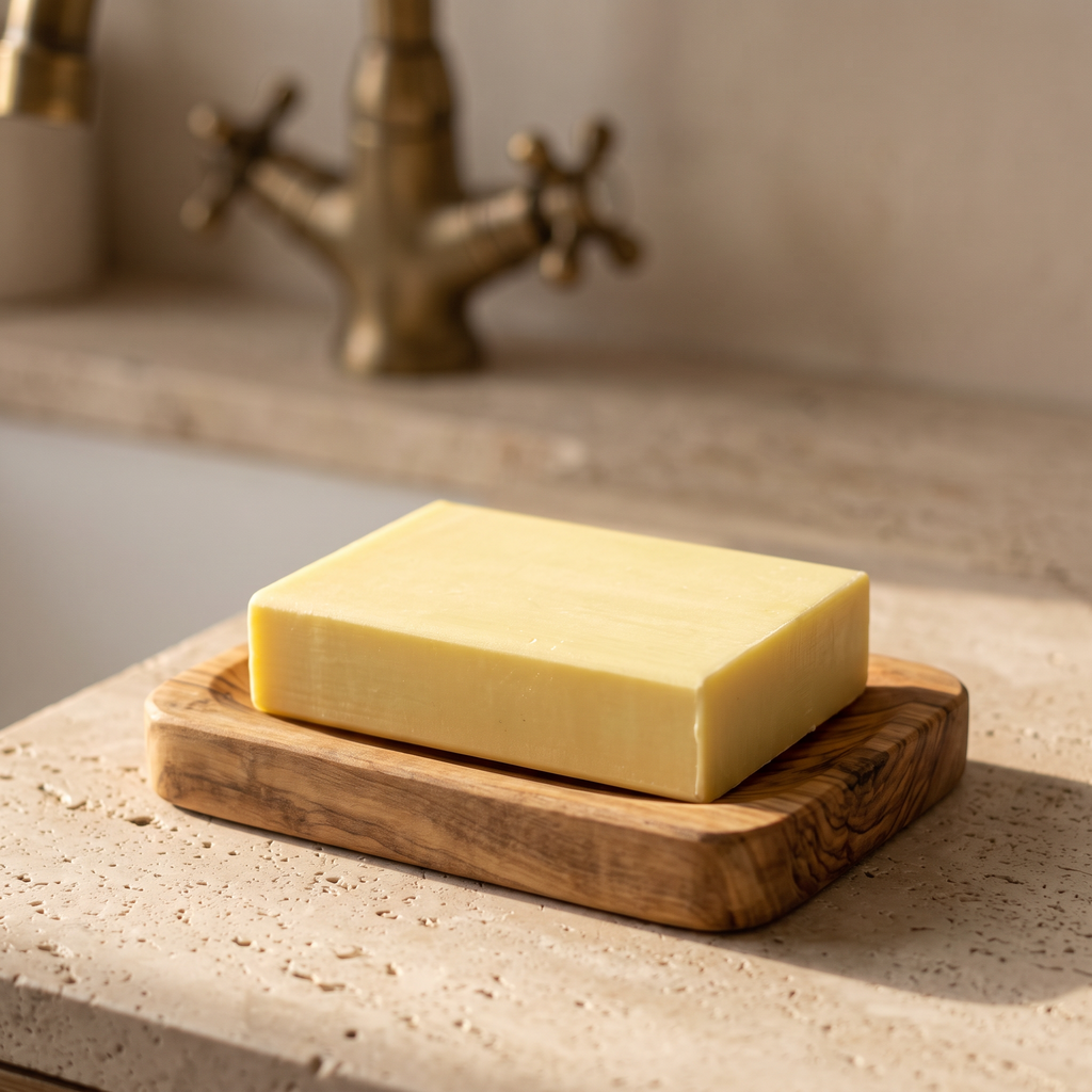 Sulfur Soap Bar in a plain olive wood soap dish on a stone vanity, minimal styling