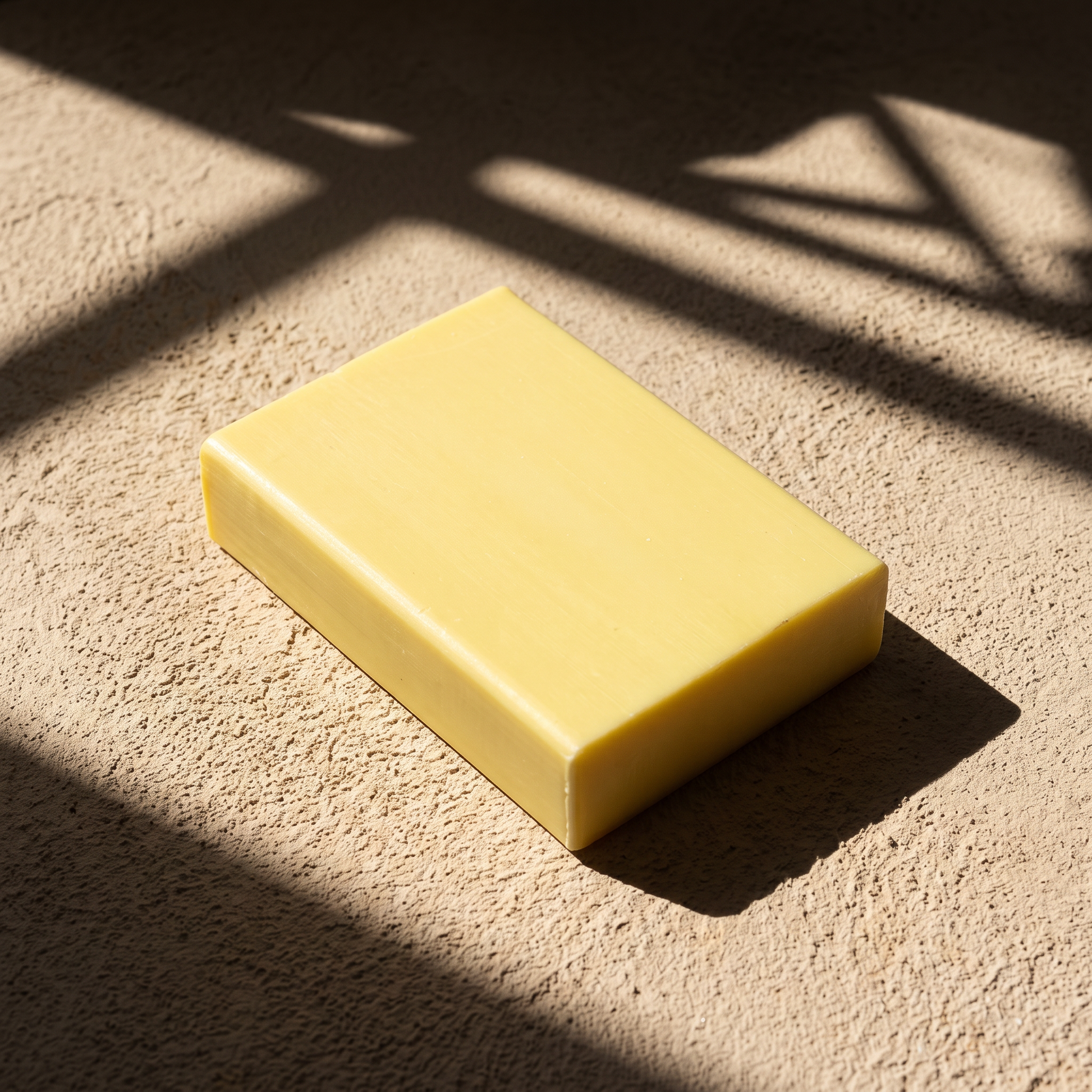 Sulfur Soap Bar in hard afternoon sunlight on sand plaster, cut by geometric window shadows