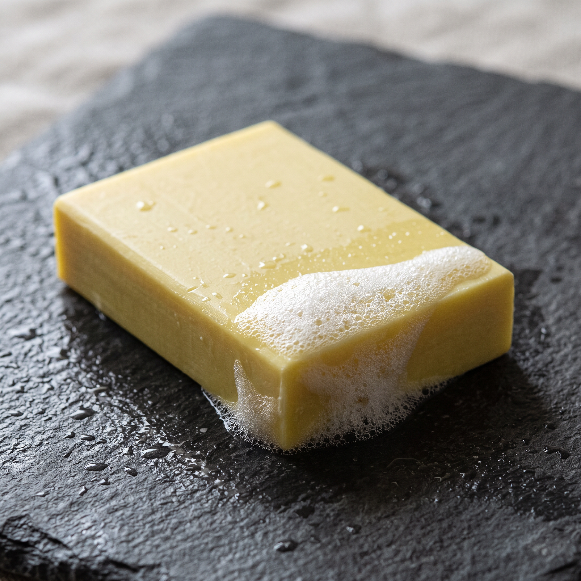 Sulfur Soap Bar lathering on wet grey stone with dense white foam along one edge