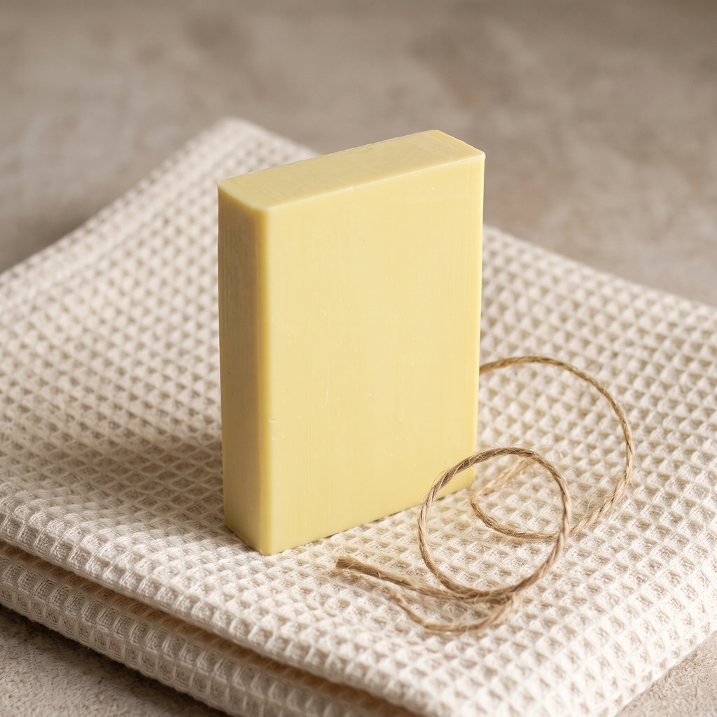 Sulfur Soap Bar on a folded cotton waffle towel with a loop of jute twine, styled as a gift