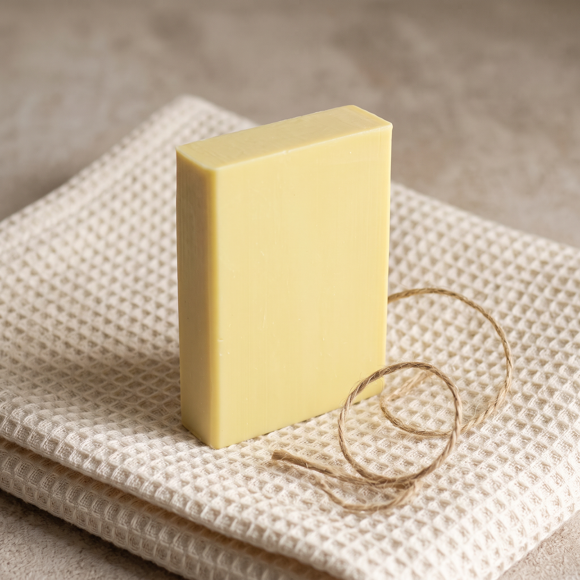 Sulfur Soap Bar on a folded cotton waffle towel with a loop of jute twine, styled as a gift