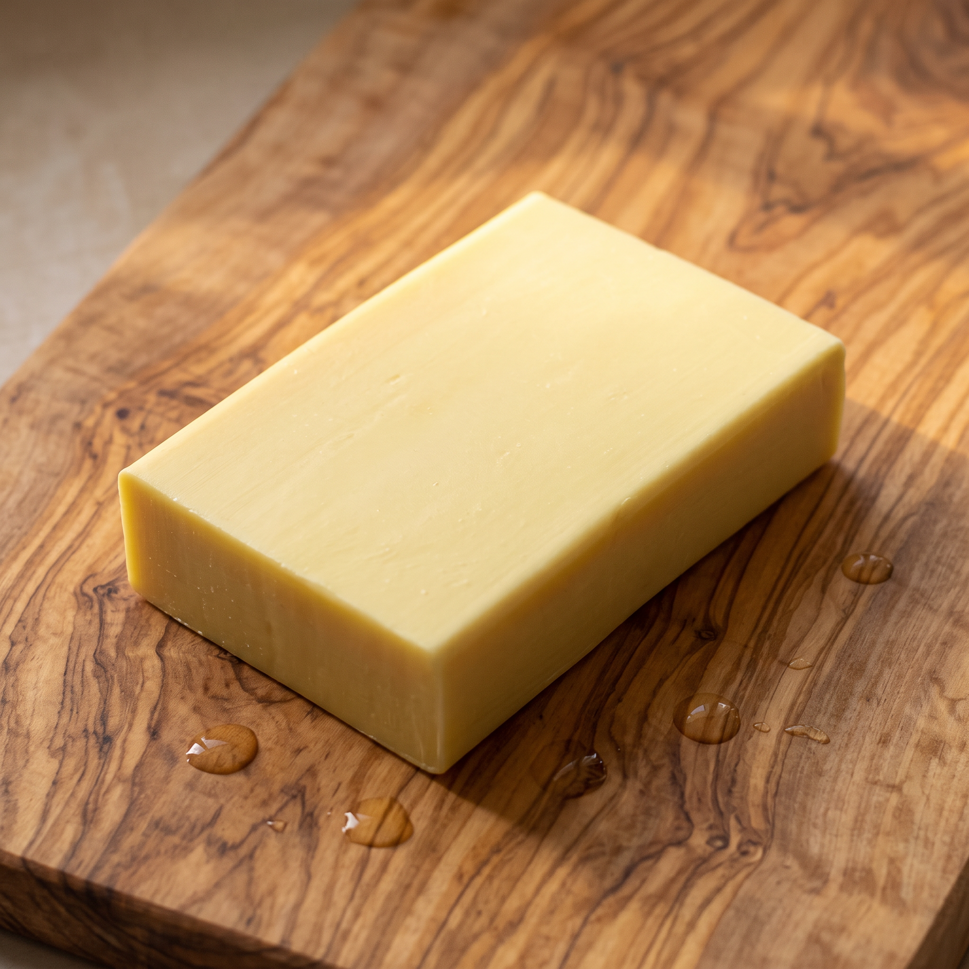 Sulfur Soap Bar on a rustic olive wood board with water droplets across the grain