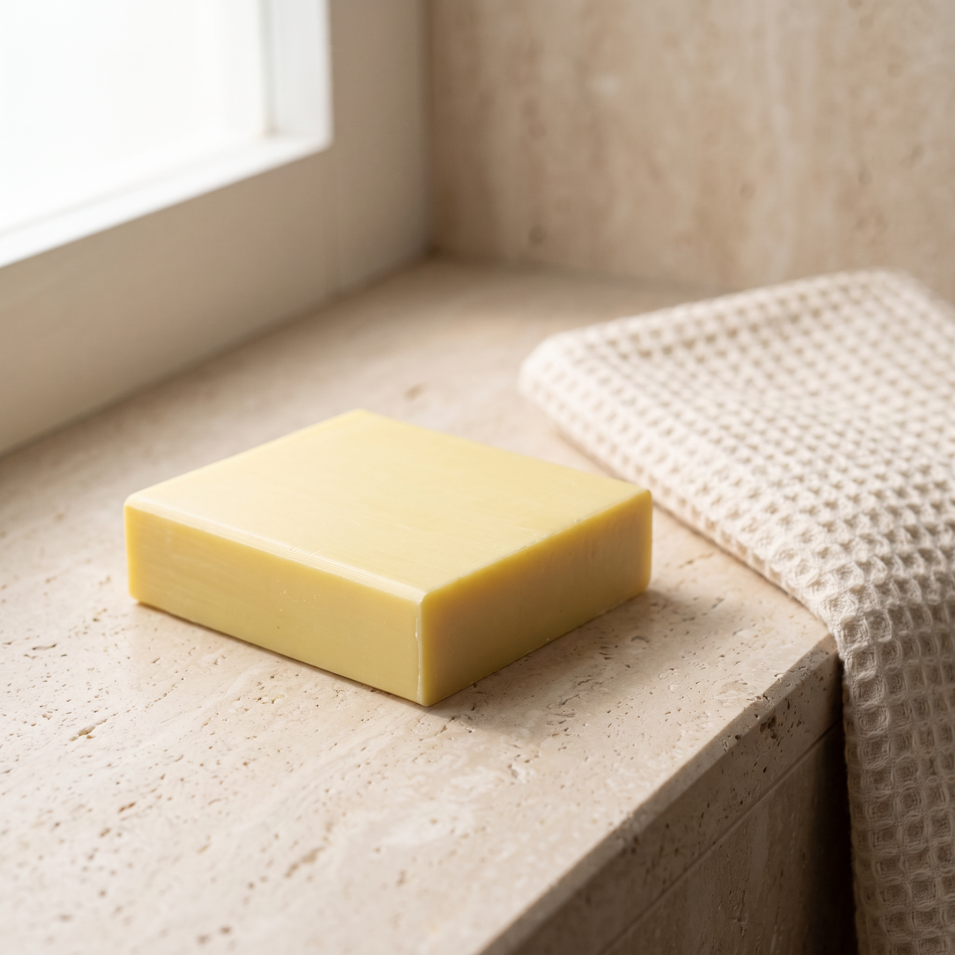 Sulfur Soap Bar on a stone bathroom shelf beside a folded waffle cotton towel