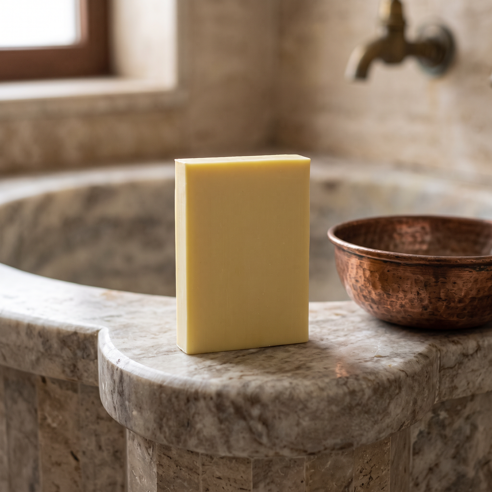 Sulfur Soap Bar on the marble edge of a Turkish hammam basin with a hammered copper bowl