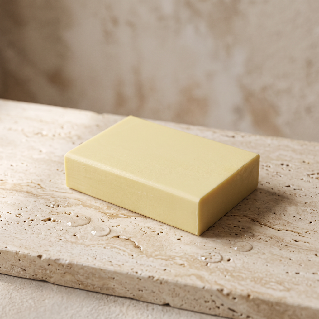 Sulfur Soap Bar resting on a travertine stone slab scattered with water droplets