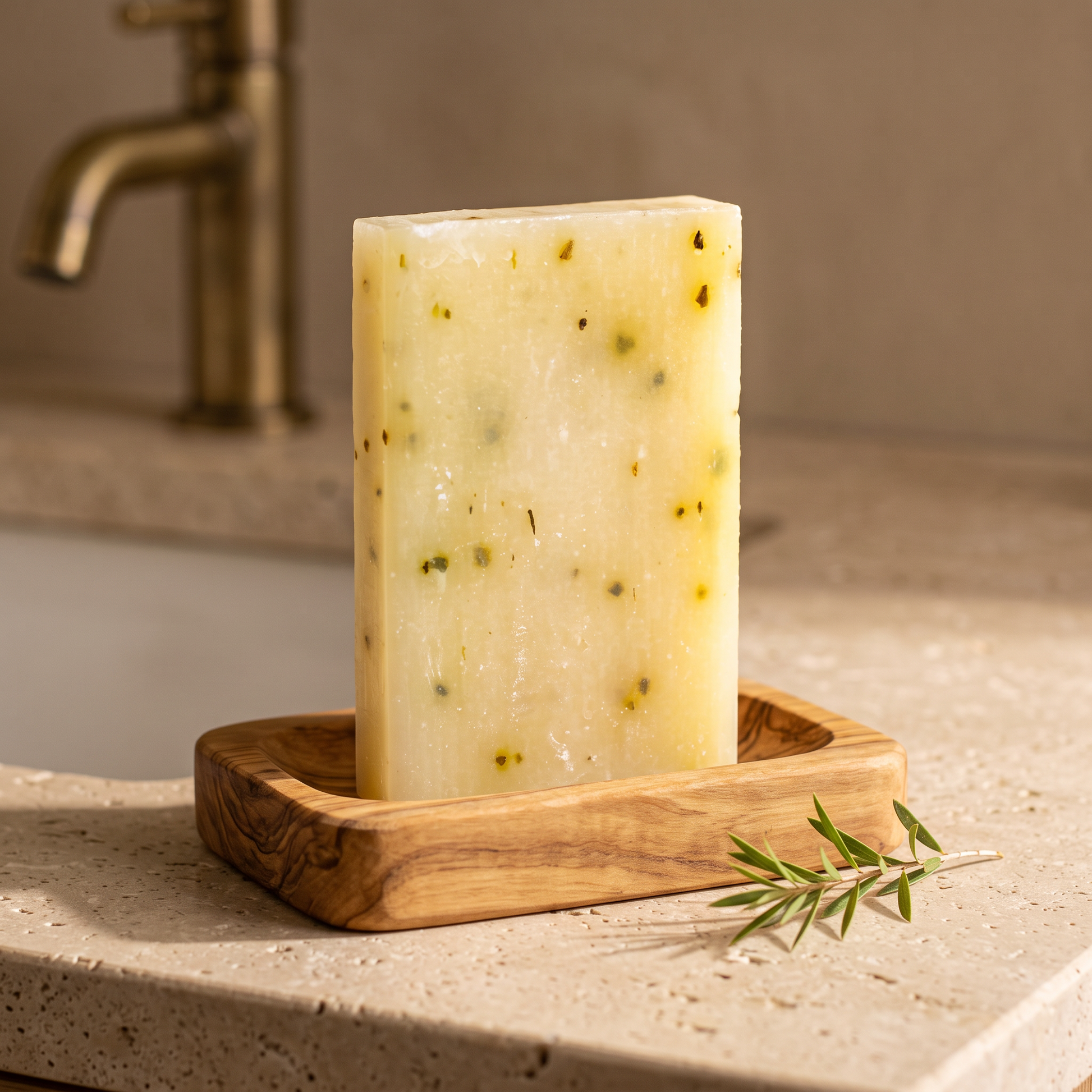 Avlia Tea Tree & Niacinamide Soap Bar in olive wood soap dish with tea tree sprig