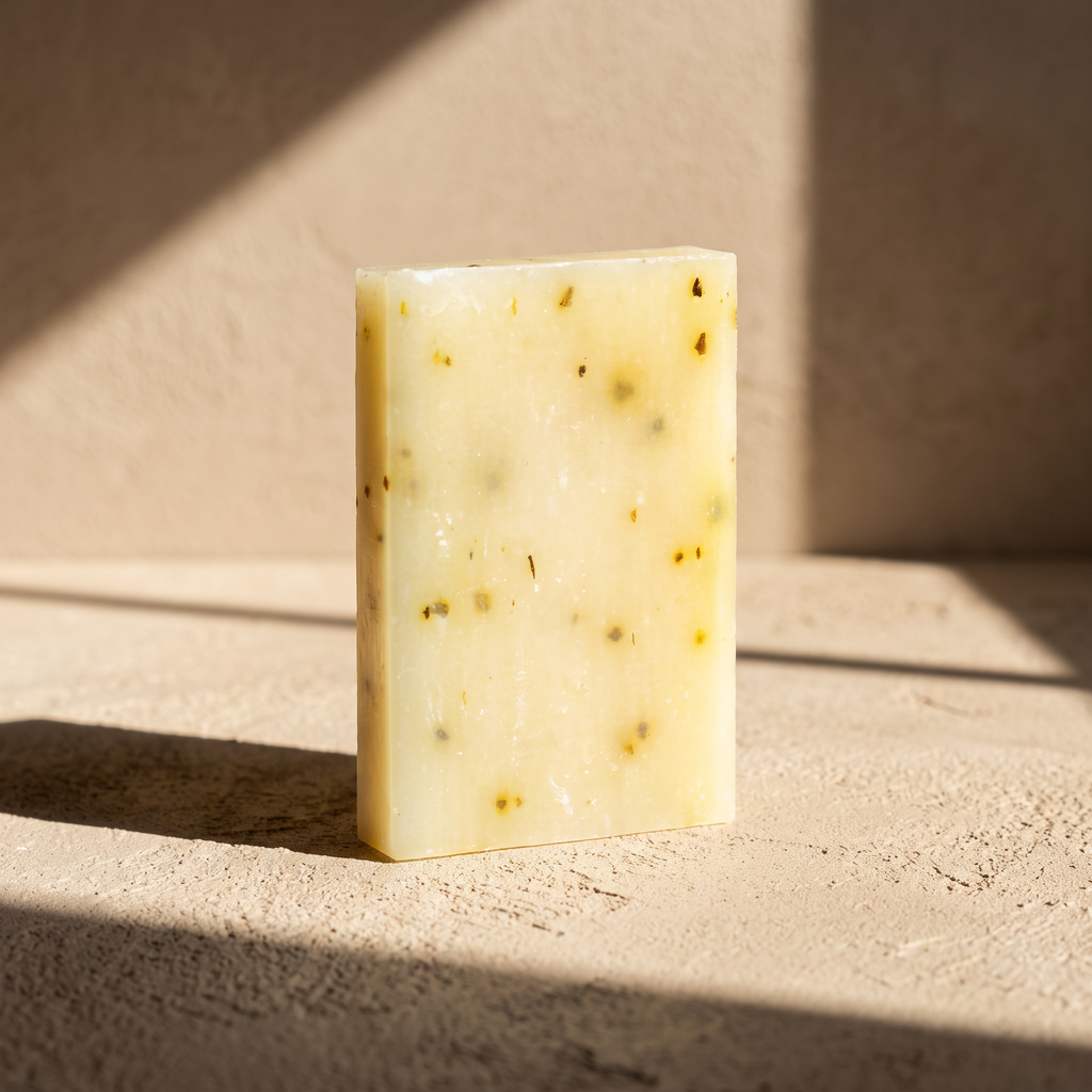 Avlia Tea Tree & Niacinamide Soap Bar in afternoon light with geometric shadows