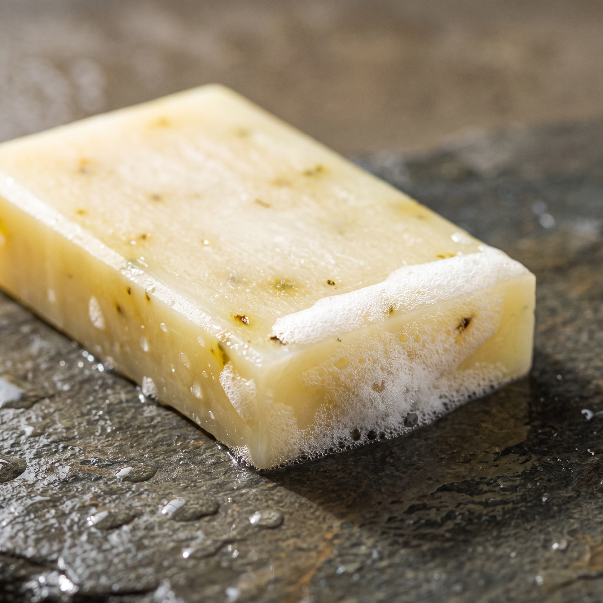 Avlia Tea Tree & Niacinamide Soap Bar lathering with dense white foam on wet stone
