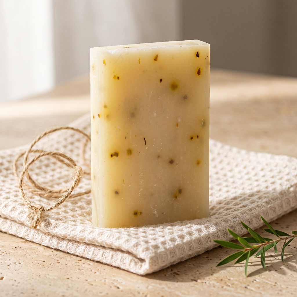 Avlia Tea Tree & Niacinamide Soap Bar styled as a gift on waffle towel with jute twine