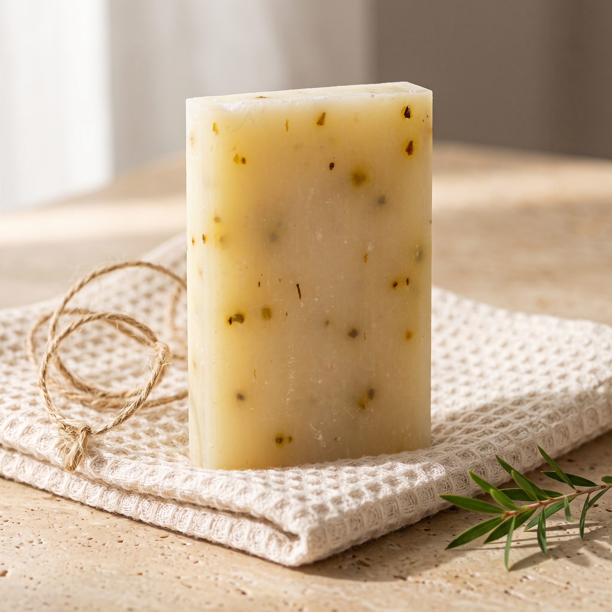 Avlia Tea Tree & Niacinamide Soap Bar styled as a gift on waffle towel with jute twine
