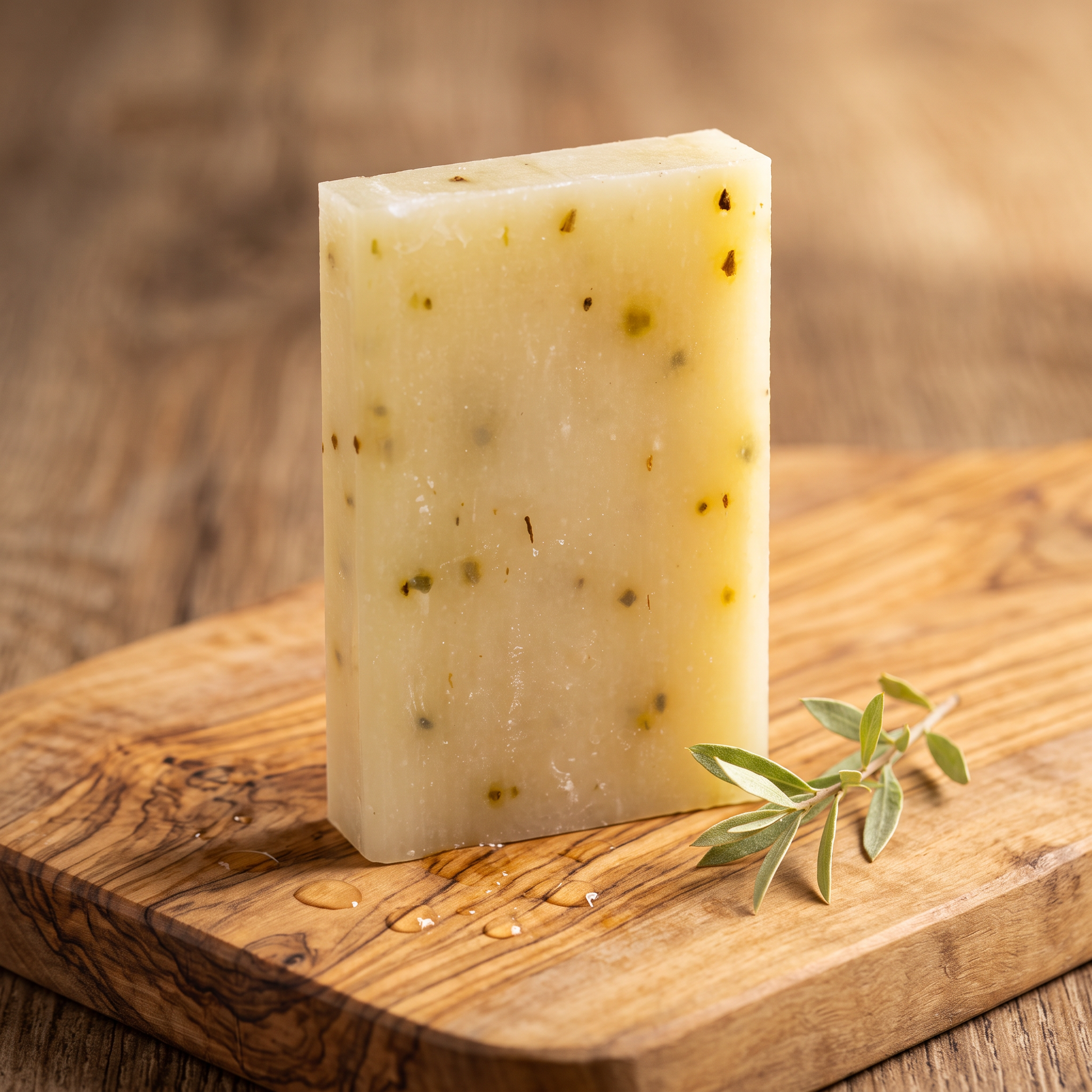 Avlia Tea Tree & Niacinamide Soap Bar on rustic olive wood board with water droplets