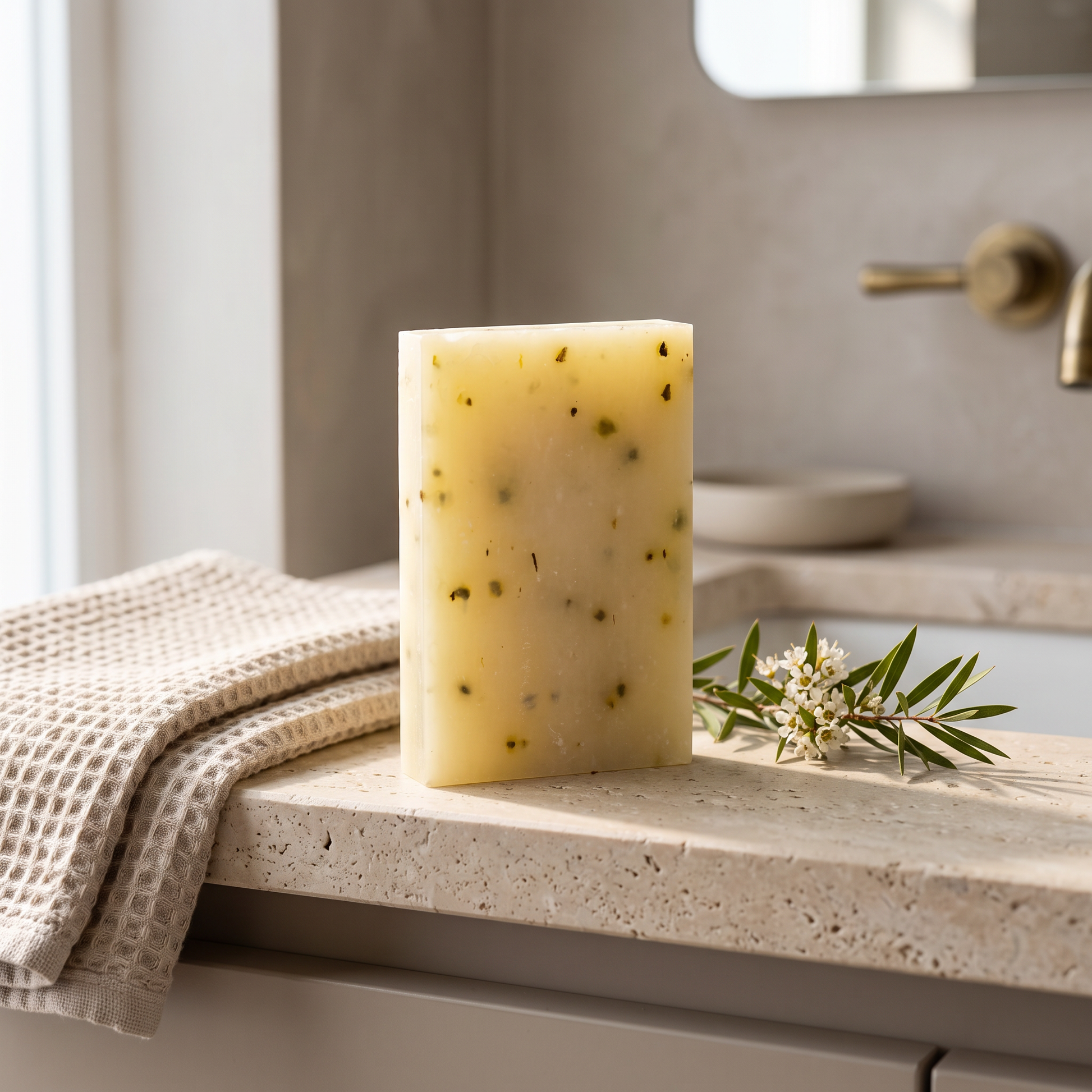 Avlia Tea Tree & Niacinamide Soap Bar on stone bathroom shelf beside waffle towel