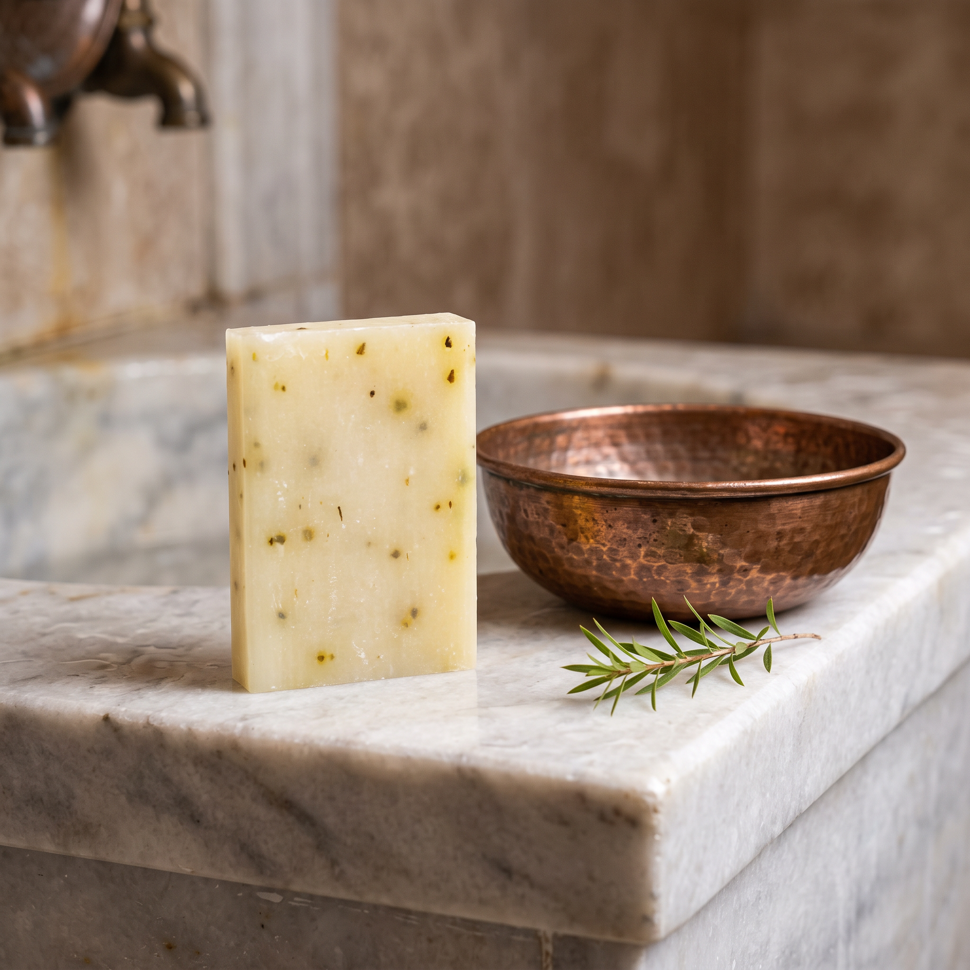 Avlia Tea Tree & Niacinamide Soap Bar on marble hammam basin edge with copper bowl