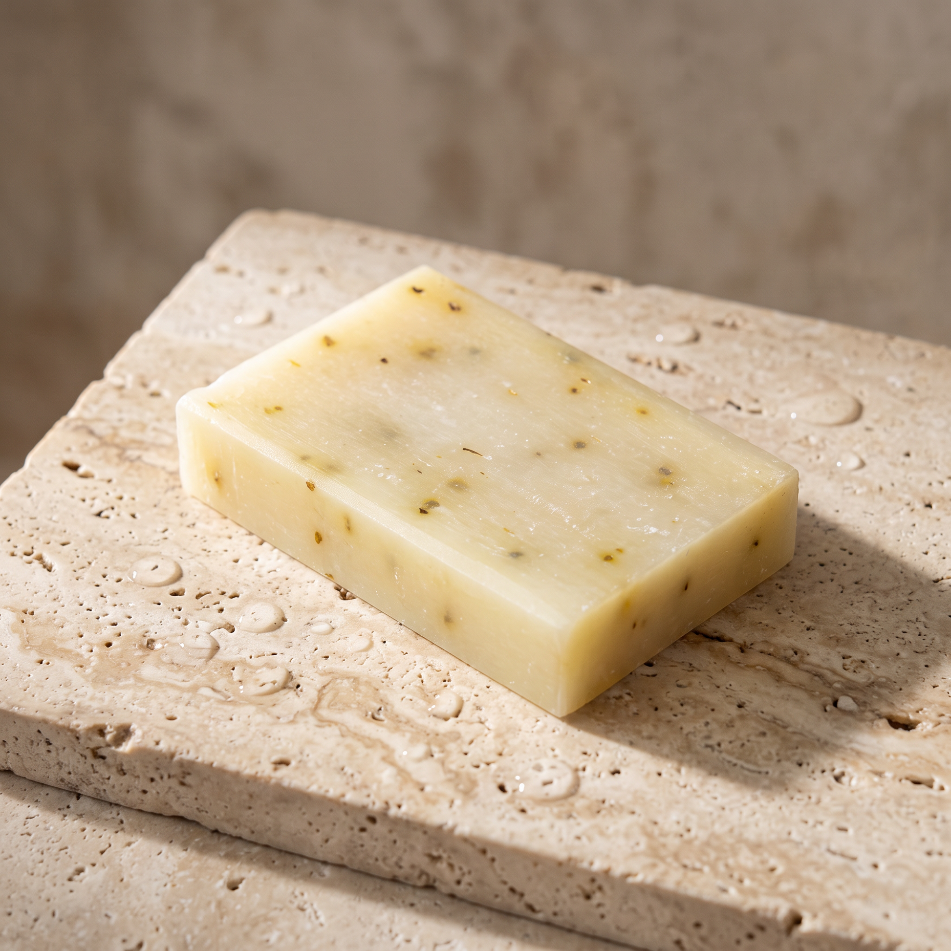 Avlia Tea Tree & Niacinamide Soap Bar resting on travertine stone slab