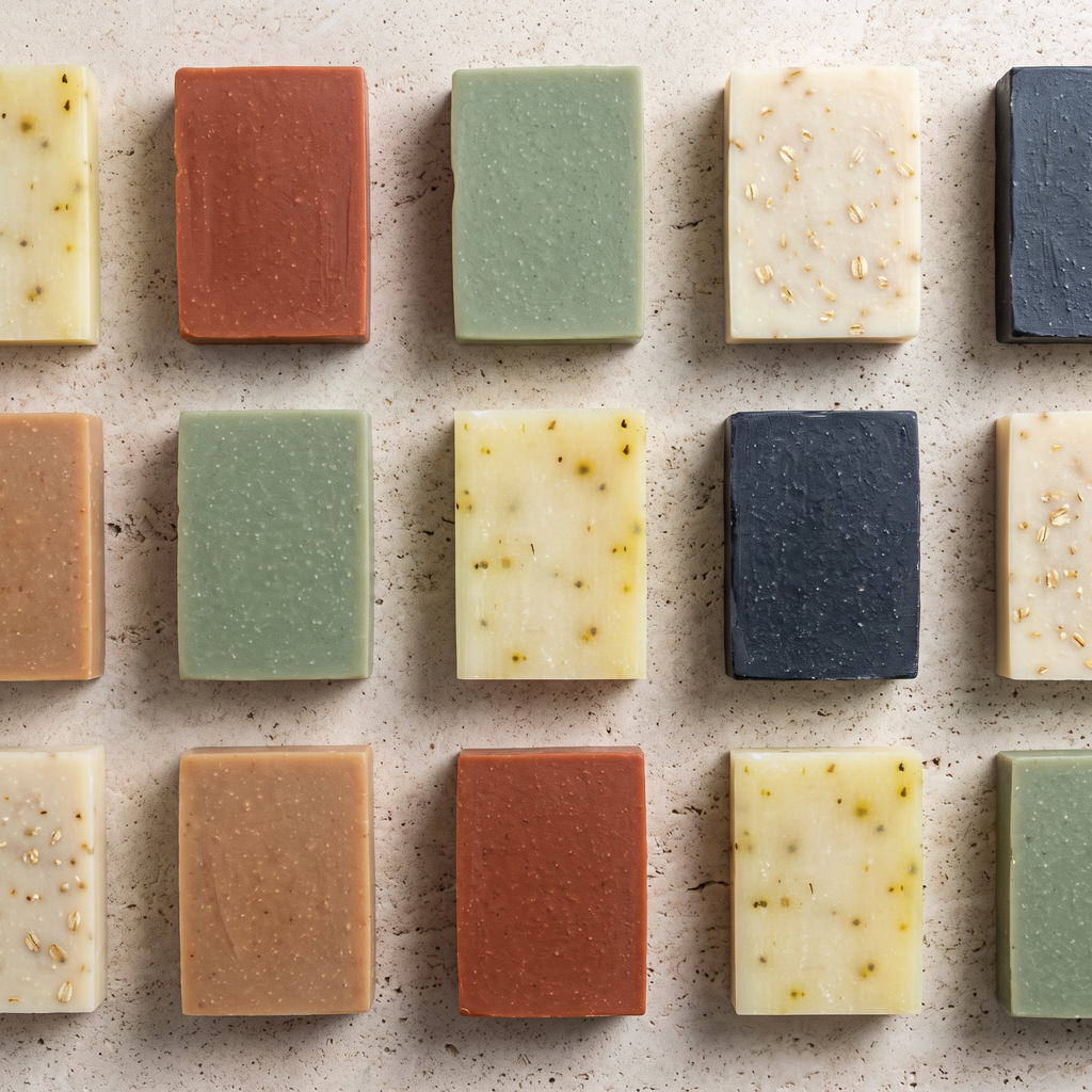 Avlia Tea Tree & Niacinamide Soap Bar shown with the full Brusa Collection range