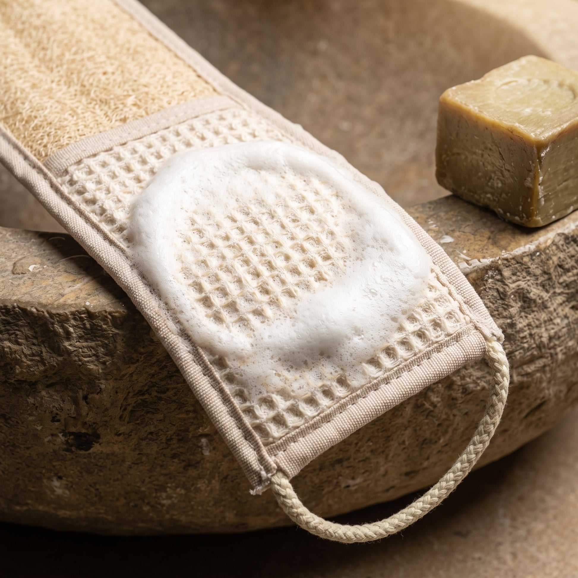 Thick white lather worked into the waffle-knit cotton zone of the Avlia back strap over a stone basin, beside an olive oil soap bar