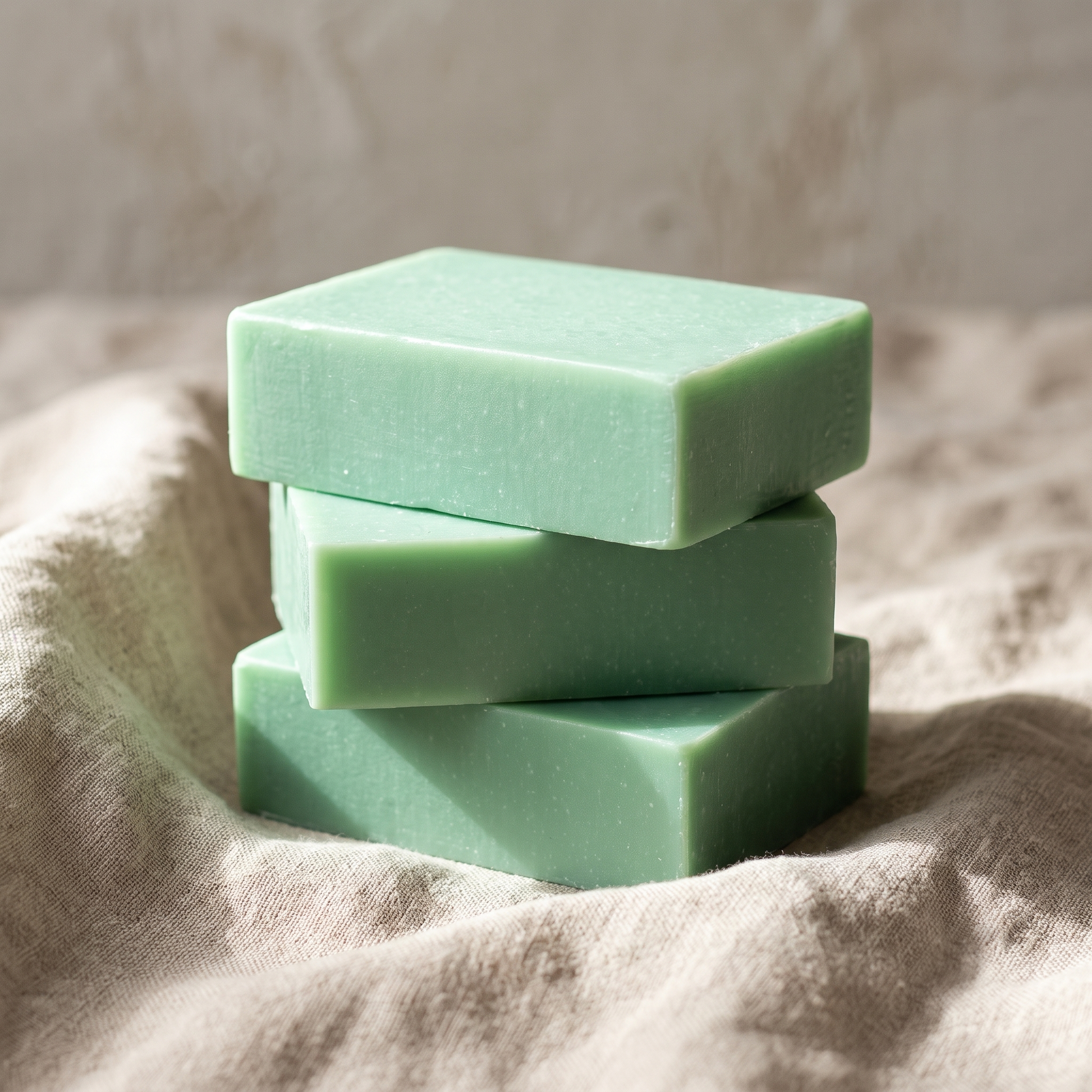 Three Aloe Vera Soap bars stacked on natural linen, showing the hand-cut edges
