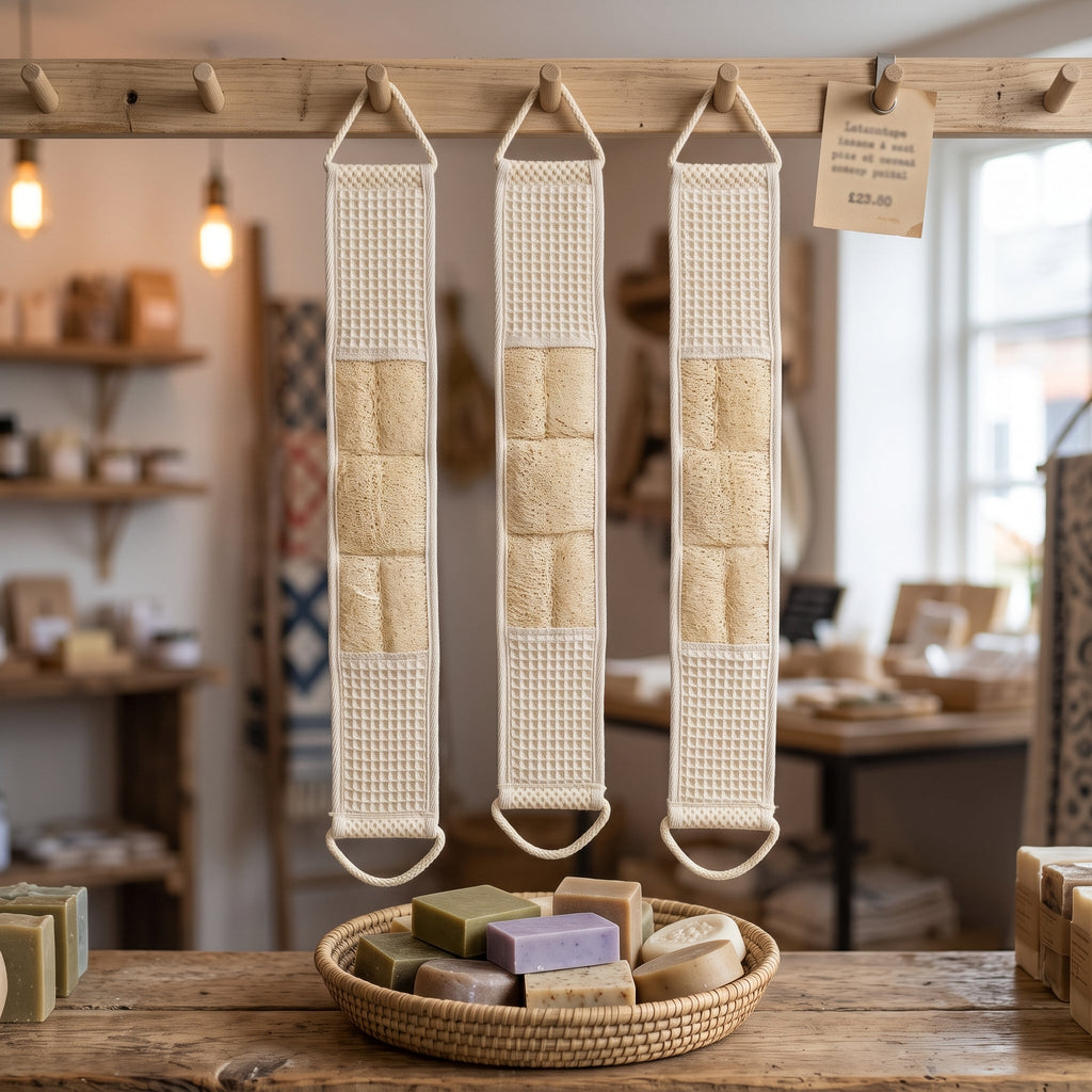 Three Avlia extra long loofah back straps hanging full length from a wooden peg rail in a zero-waste shop above a basket of soap bars