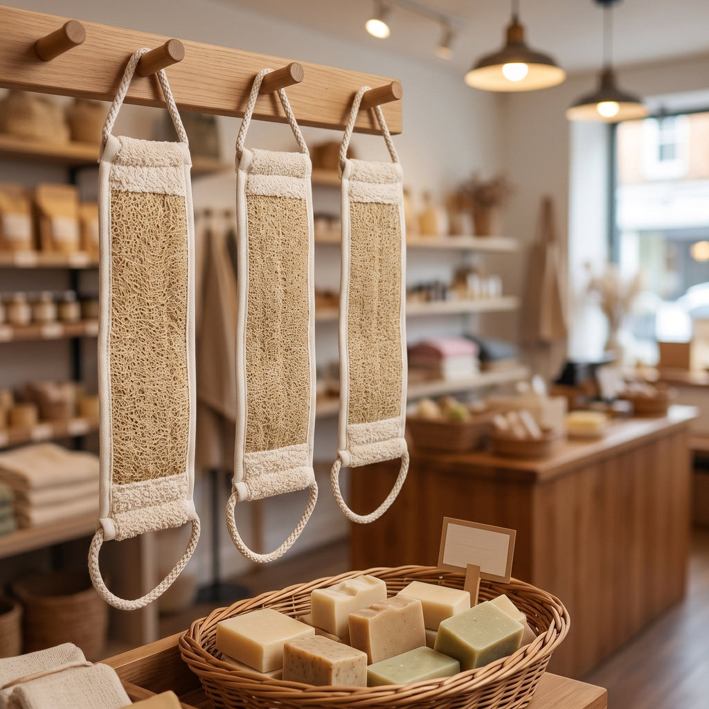 Three Avlia luffa back straps hanging from a wooden peg rail in a zero-waste shop, above a shallow basket of unwrapped soap bars