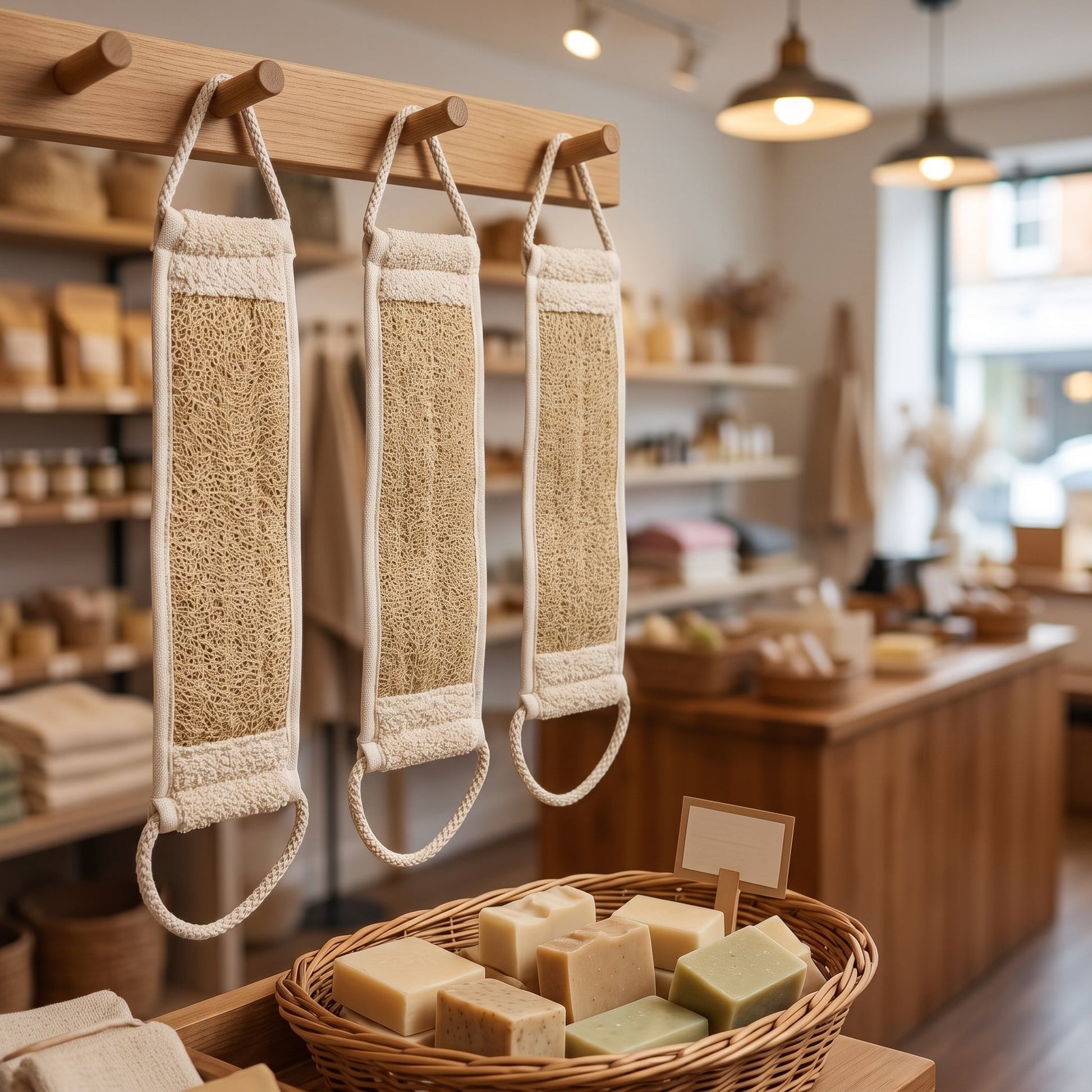 Three Avlia luffa back straps hanging from a wooden peg rail in a zero-waste shop, above a shallow basket of unwrapped soap bars