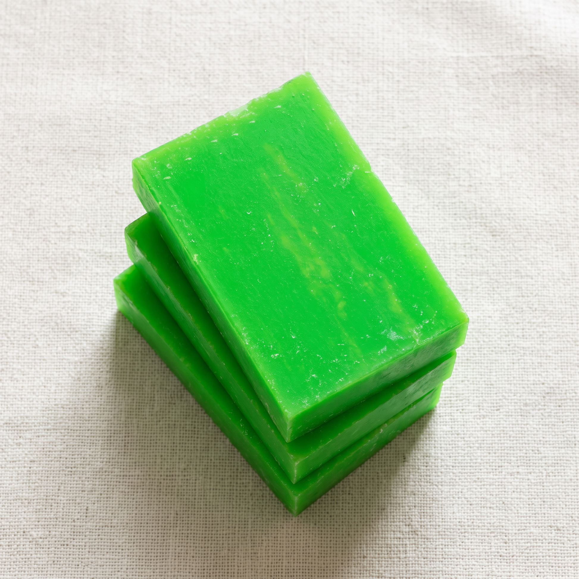 Three Avocado Oil Soap Bars stacked on natural linen, showing the hand-cut edges