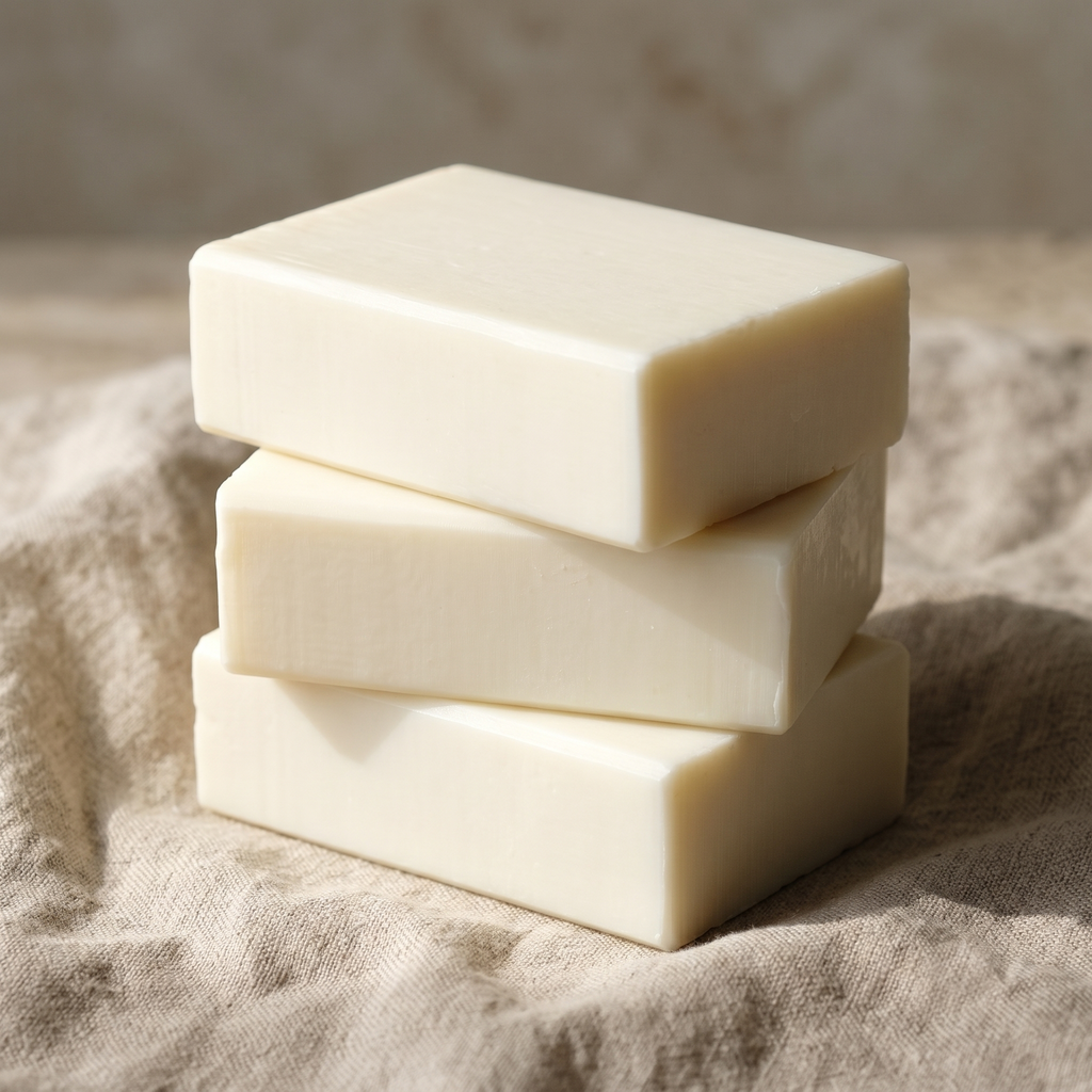 Three Donkey Milk Soap bars stacked on natural linen, showing the hand-cut edges