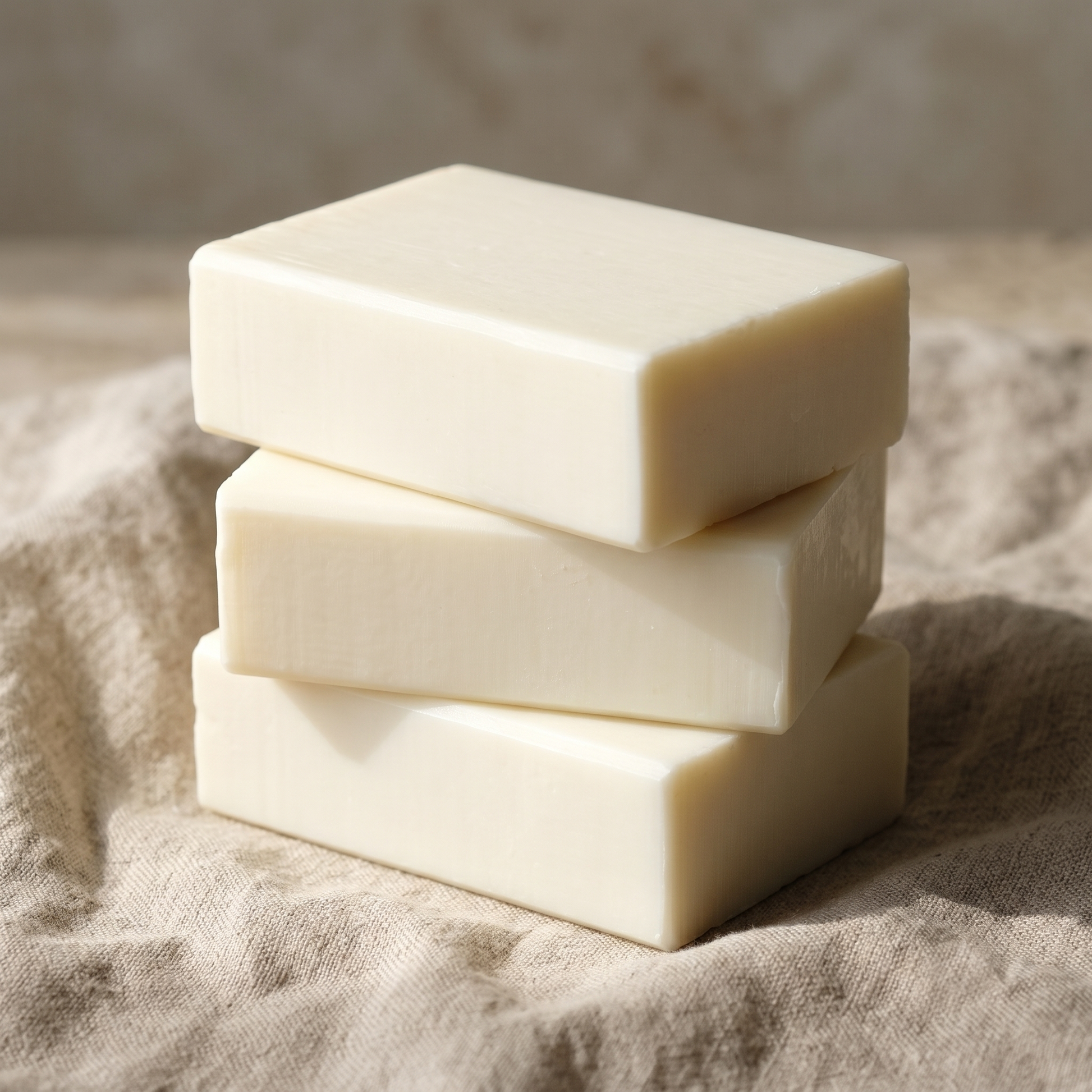 Three Donkey Milk Soap bars stacked on natural linen, showing the hand-cut edges
