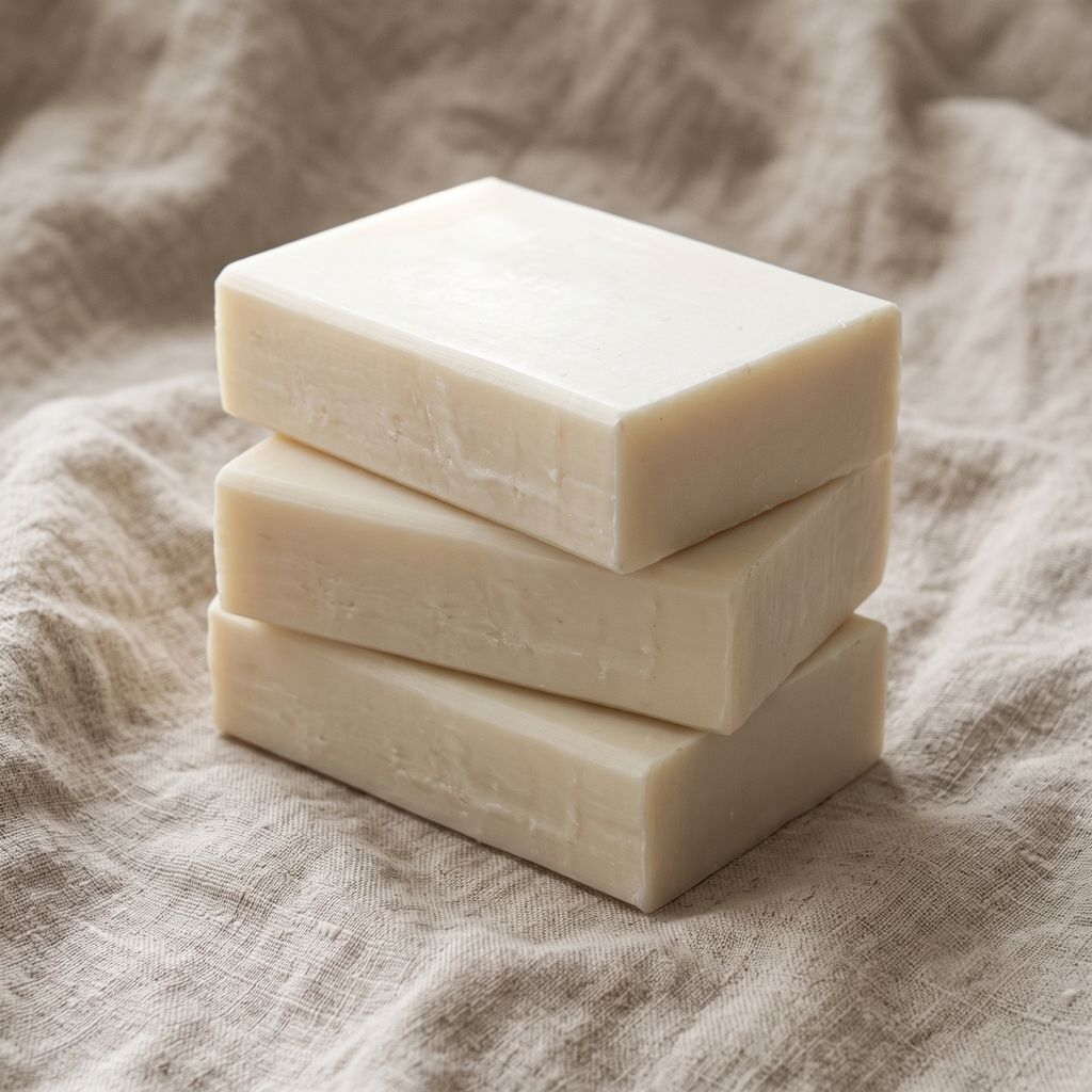 Three Goat Milk Soap bars stacked on natural linen, showing the hand-cut edges