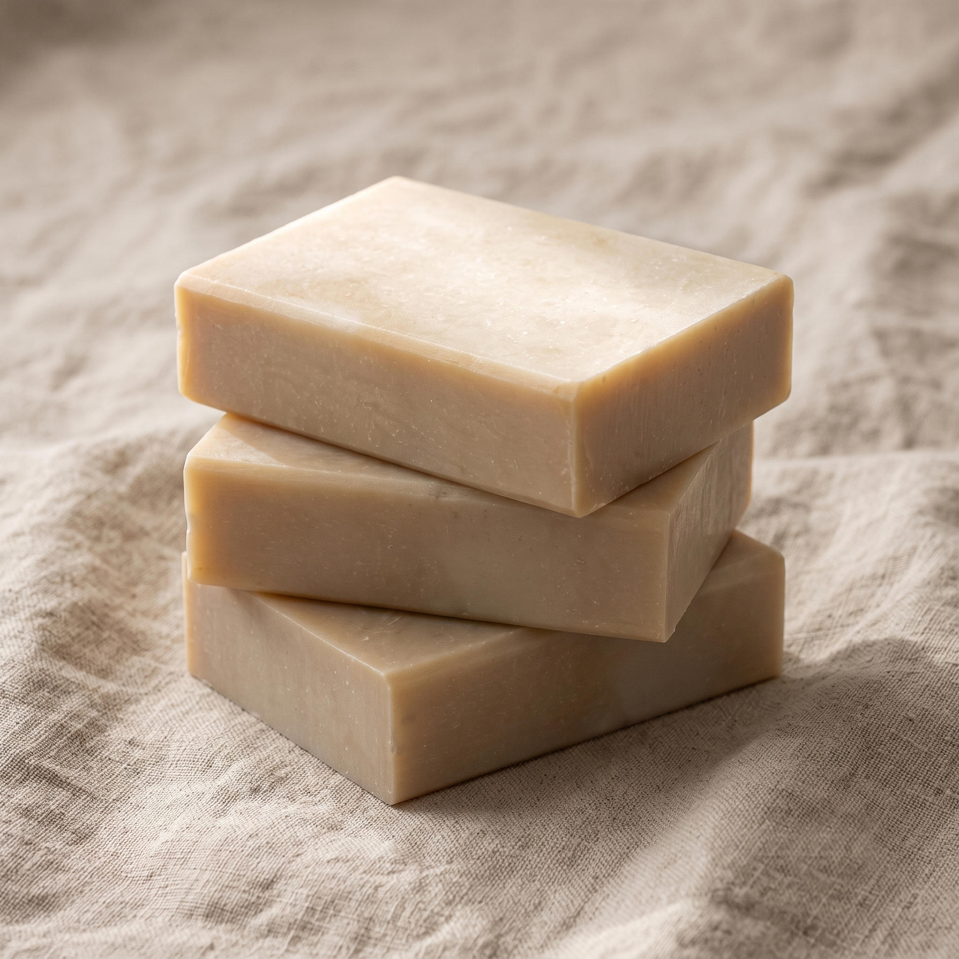 Three St. John's Wort Soap Bars stacked on natural linen cloth, showing stock depth for wholesale buyers