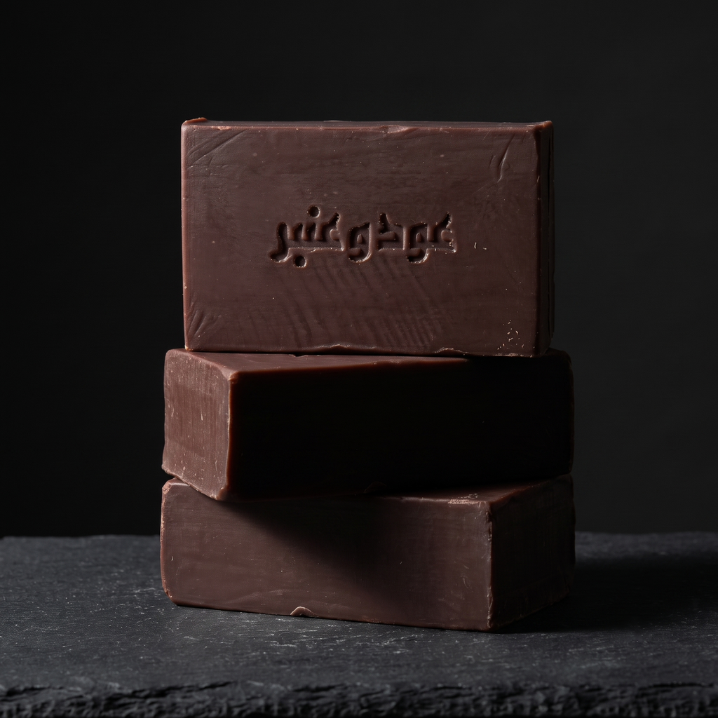 Three stacked Avlia Oud & Anbar soap bars on dark slate in dramatic side light — premium oriental perfumed soap collection