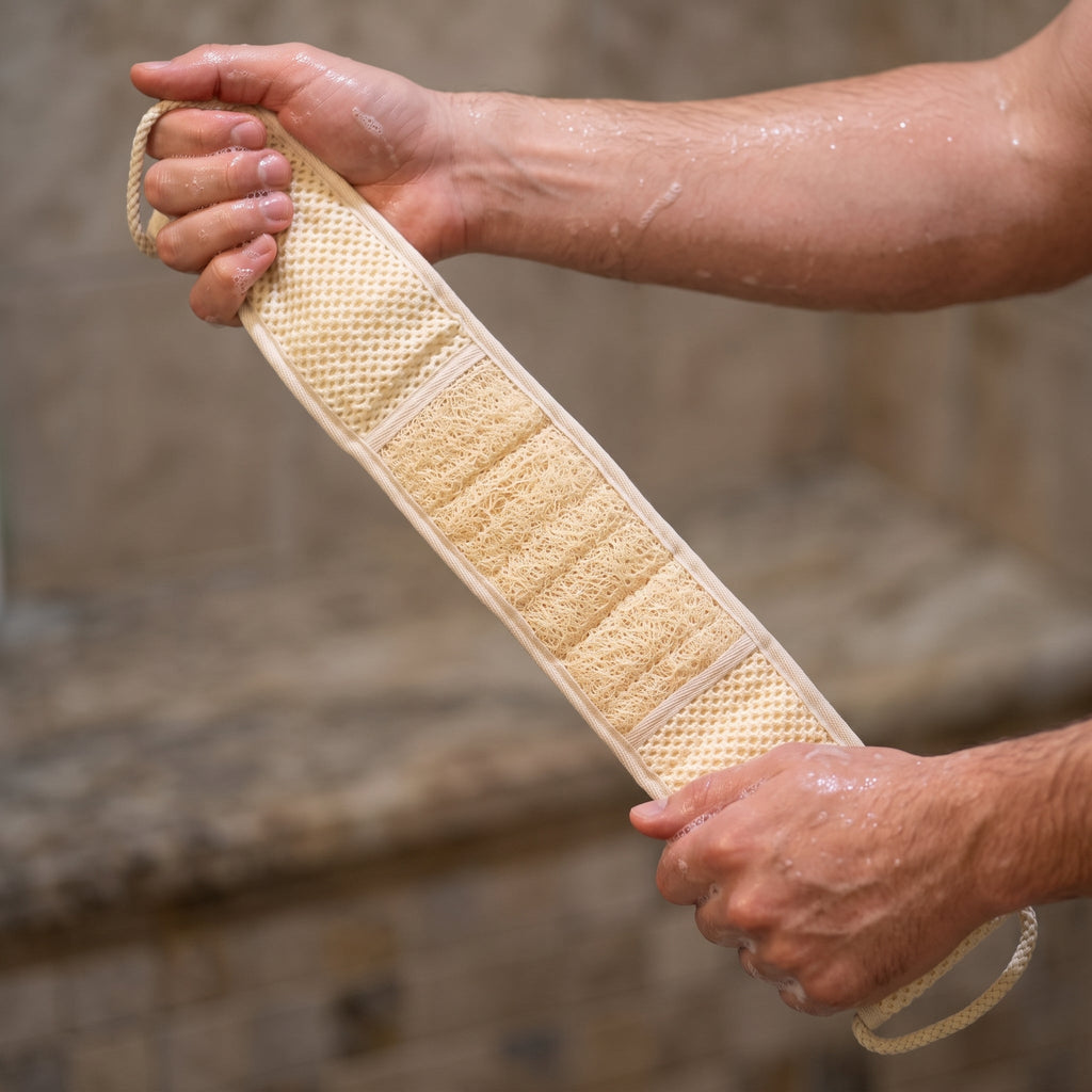 Two hands gripping the braided cotton cord loops of the Avlia back strap, the strap held taut and diagonal between them, wet skin and lather