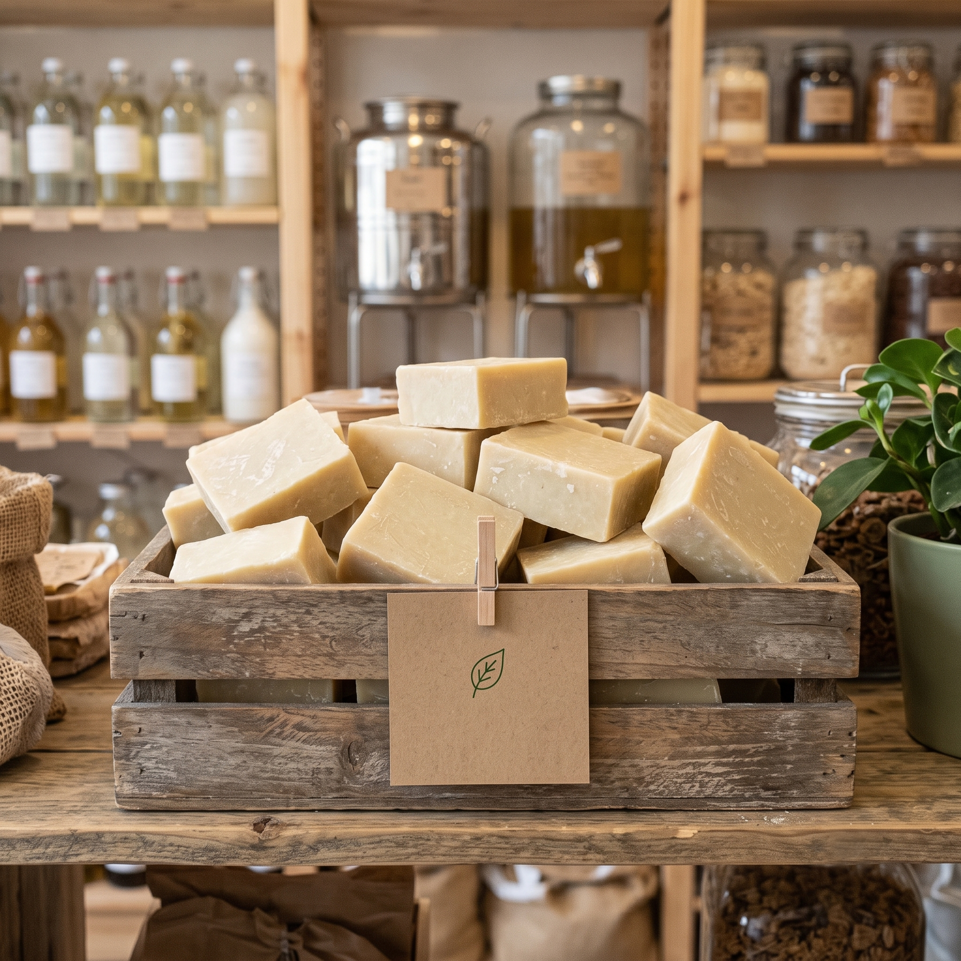 Unpackaged Avlia Turkish Hammam Soap bars stacked in a wooden crate at a zero waste refill store — plastic-free natural soap