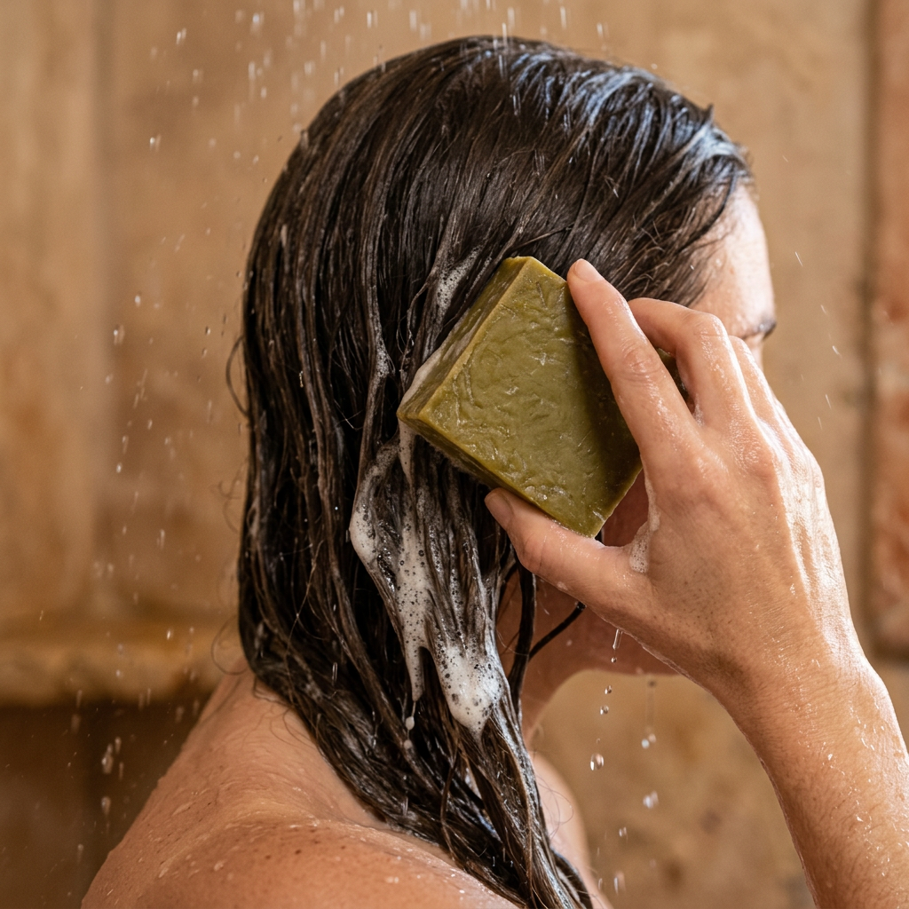 Using the Avlia laurel oil bar directly on wet hair, rich lather forming, natural bathroom lighting.