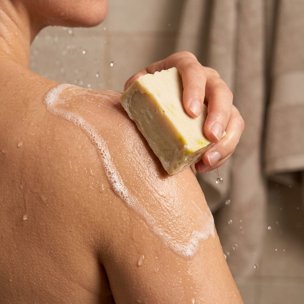 Using the Avlia wild pistachio bar directly on wet skin, rich lather forming, natural bathroom light.
