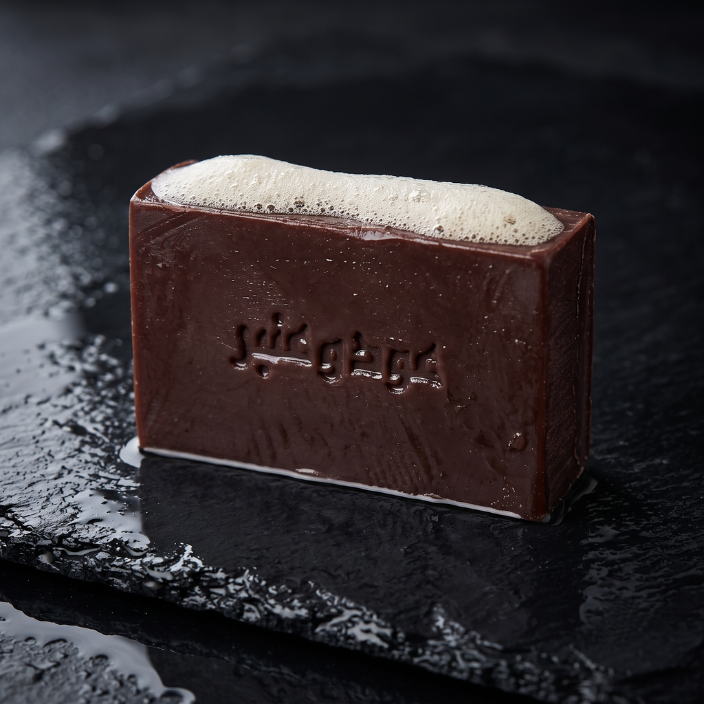 Wet Avlia Oud & Anbar soap with creamy foam on black slate — rich lathering oriental soap bar with oud and amber perfume.