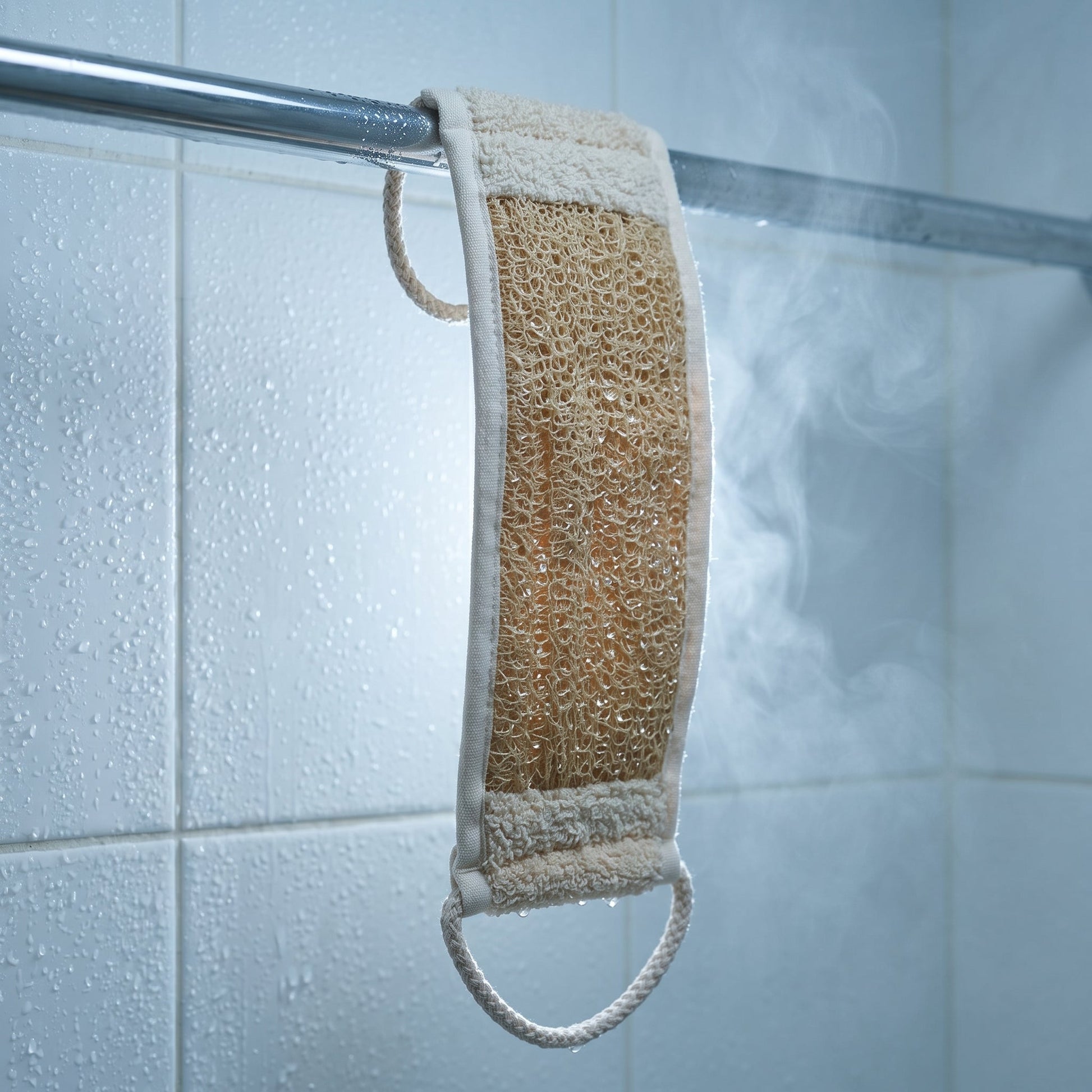 Wet Avlia luffa back strap hanging by one cotton loop from a shower rail, water droplets clinging to the fibres and steam in the air