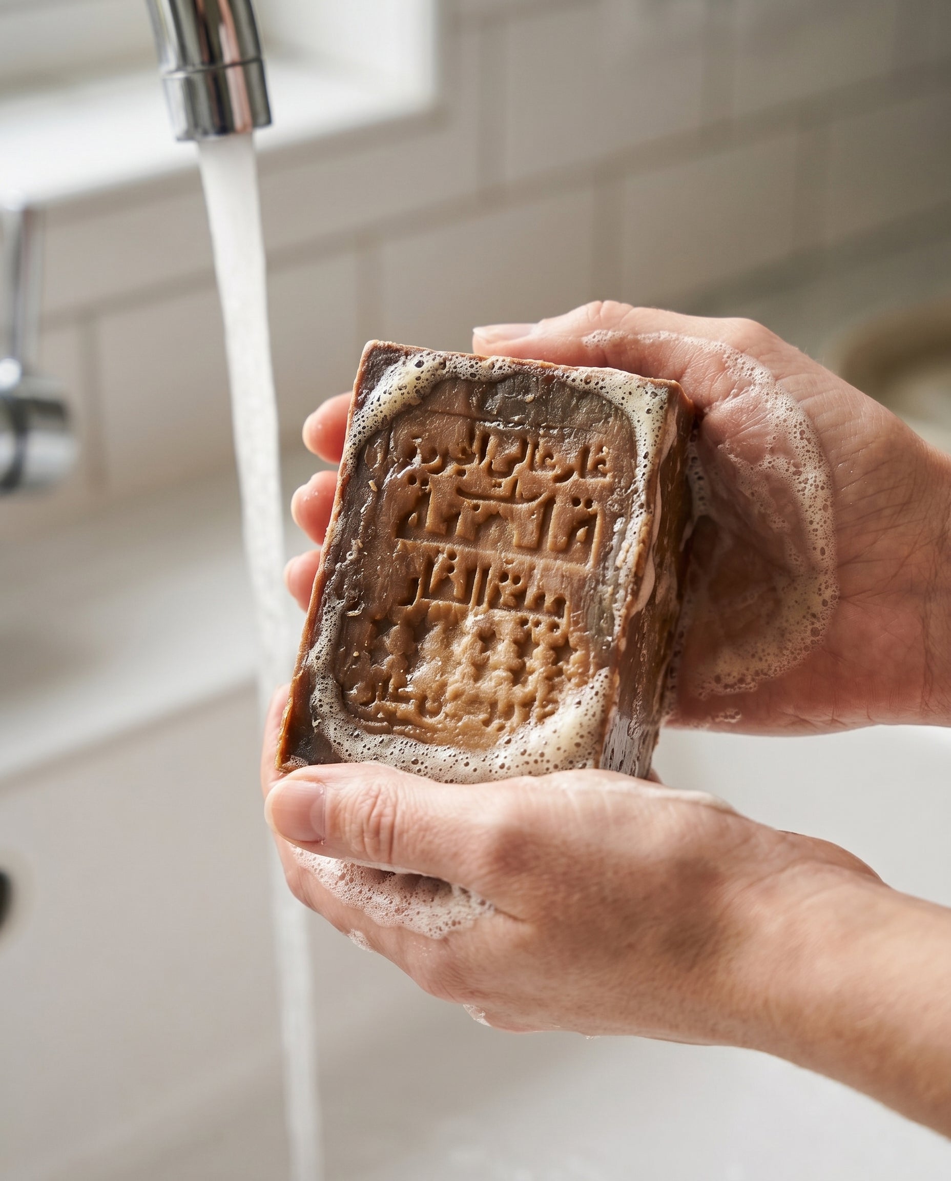 Woman's hands lathering Avlia 50% Laurel Oil Aleppo Soap bar under running water, creamy natural lather from olive oil and laurel berry oil handmade soap